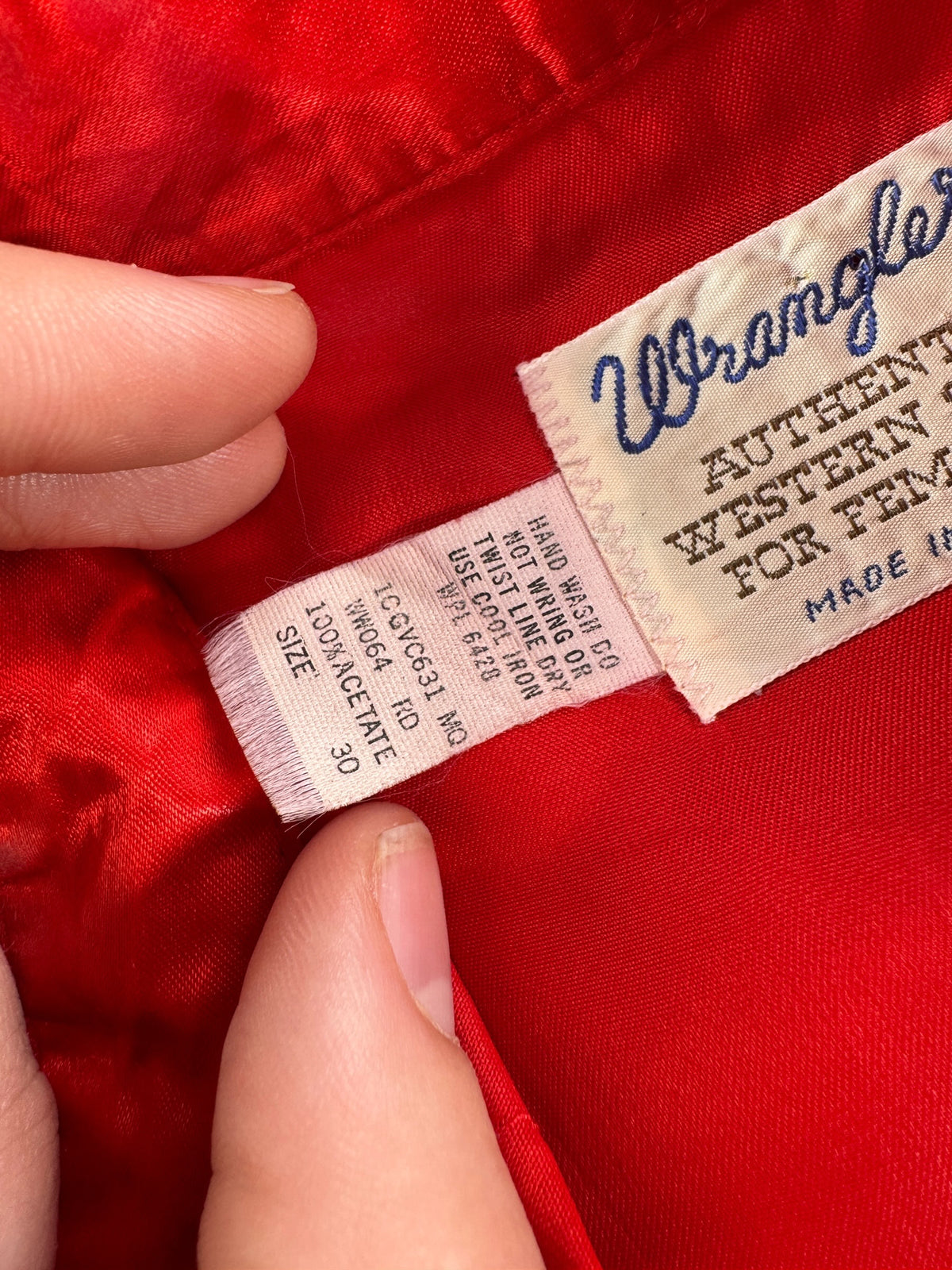 Tag on Vintage Wrangler Red Western Pearl Snap SZ S