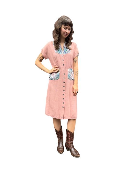 Front view of 1940s Radlo's Pink Cotton Dress with Plaid Pockets S-M