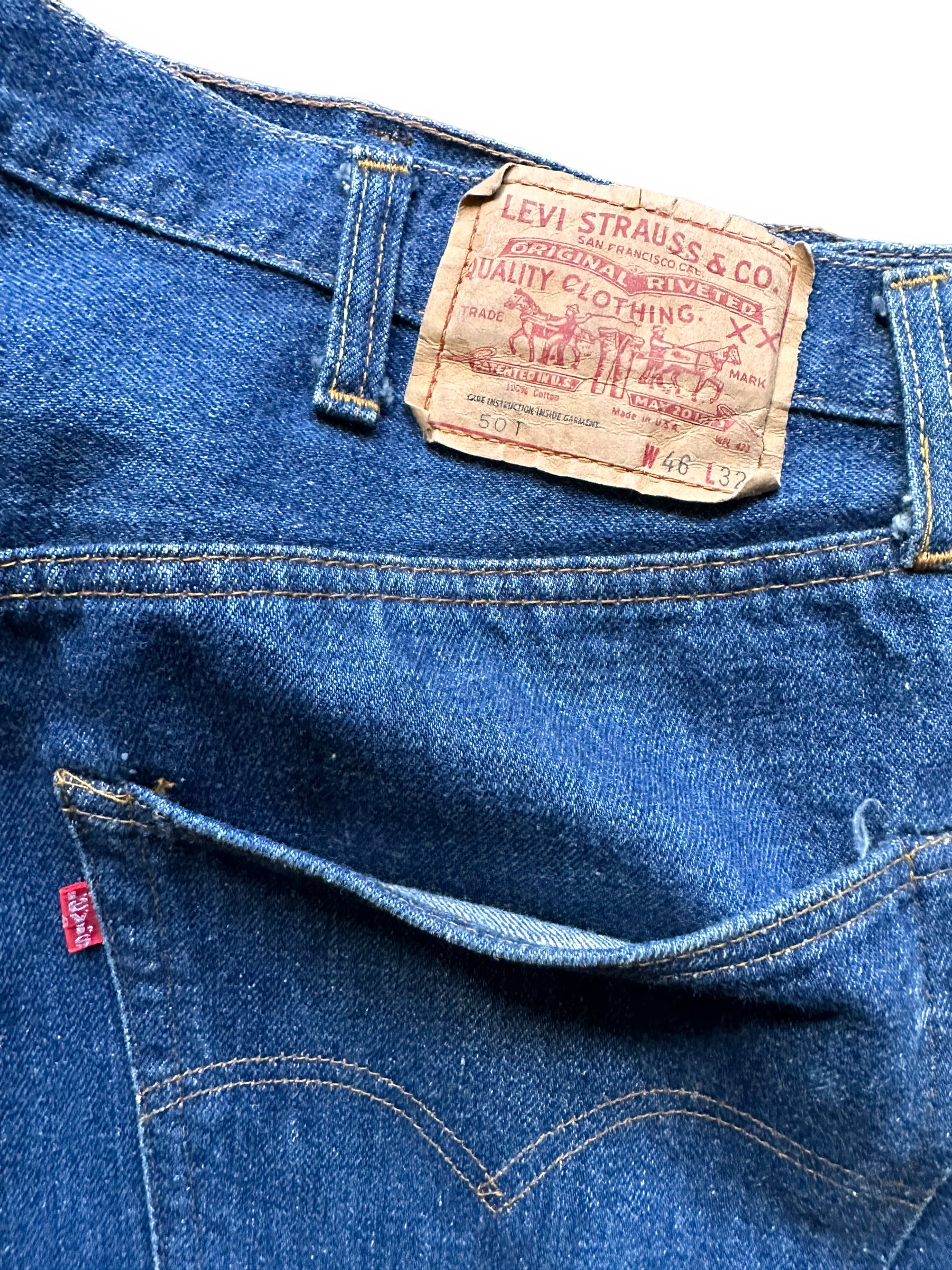 Single Stitch Rear Pocket View with Levis Tag on Vintage Levi's 501 Single Stitch Selvedge Redlines W43 | Vintage Denim Seattle | Barn Owl Vintage Workwear