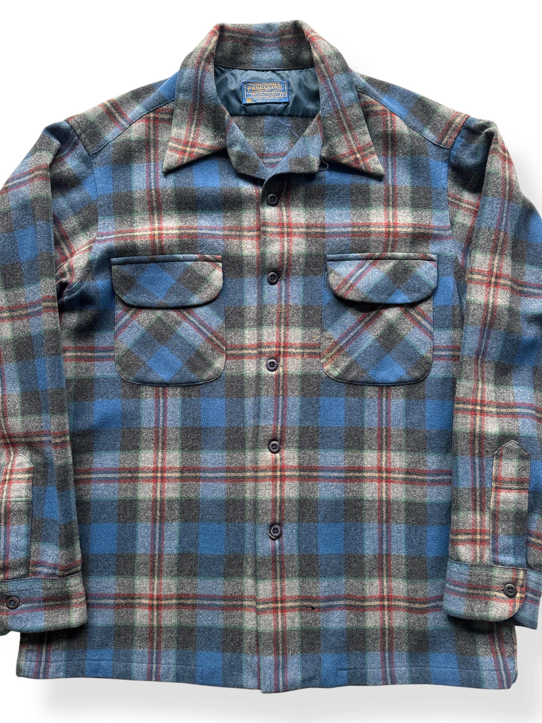 Front Close Up of Vintage Blue Plaid Pendleton Board Shirt SZ L