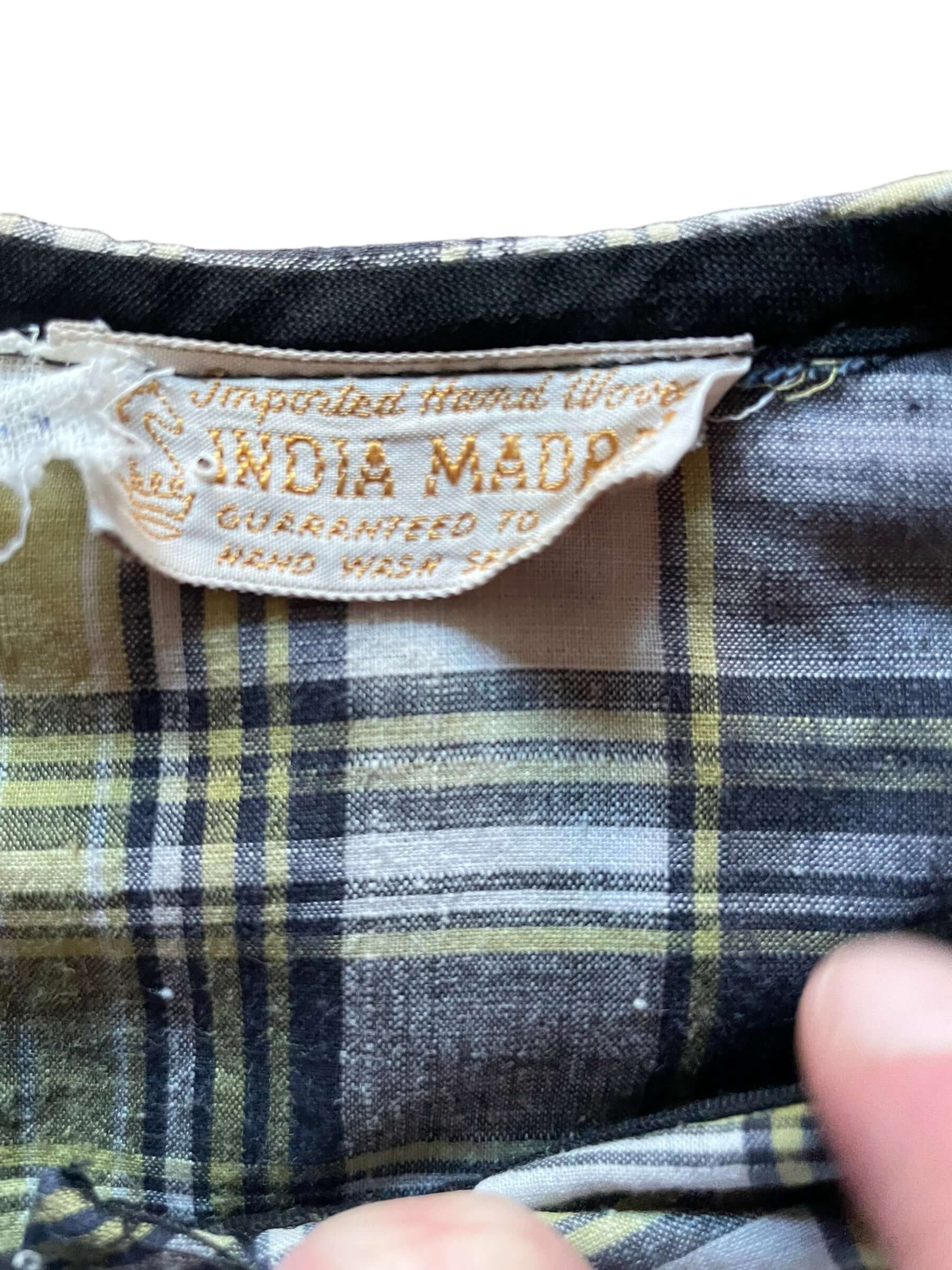 Tag view of Vintage 1960s Plaid Madras Shirt Dress | Seattle True Vintage | Barn Owl Ladies Clothing