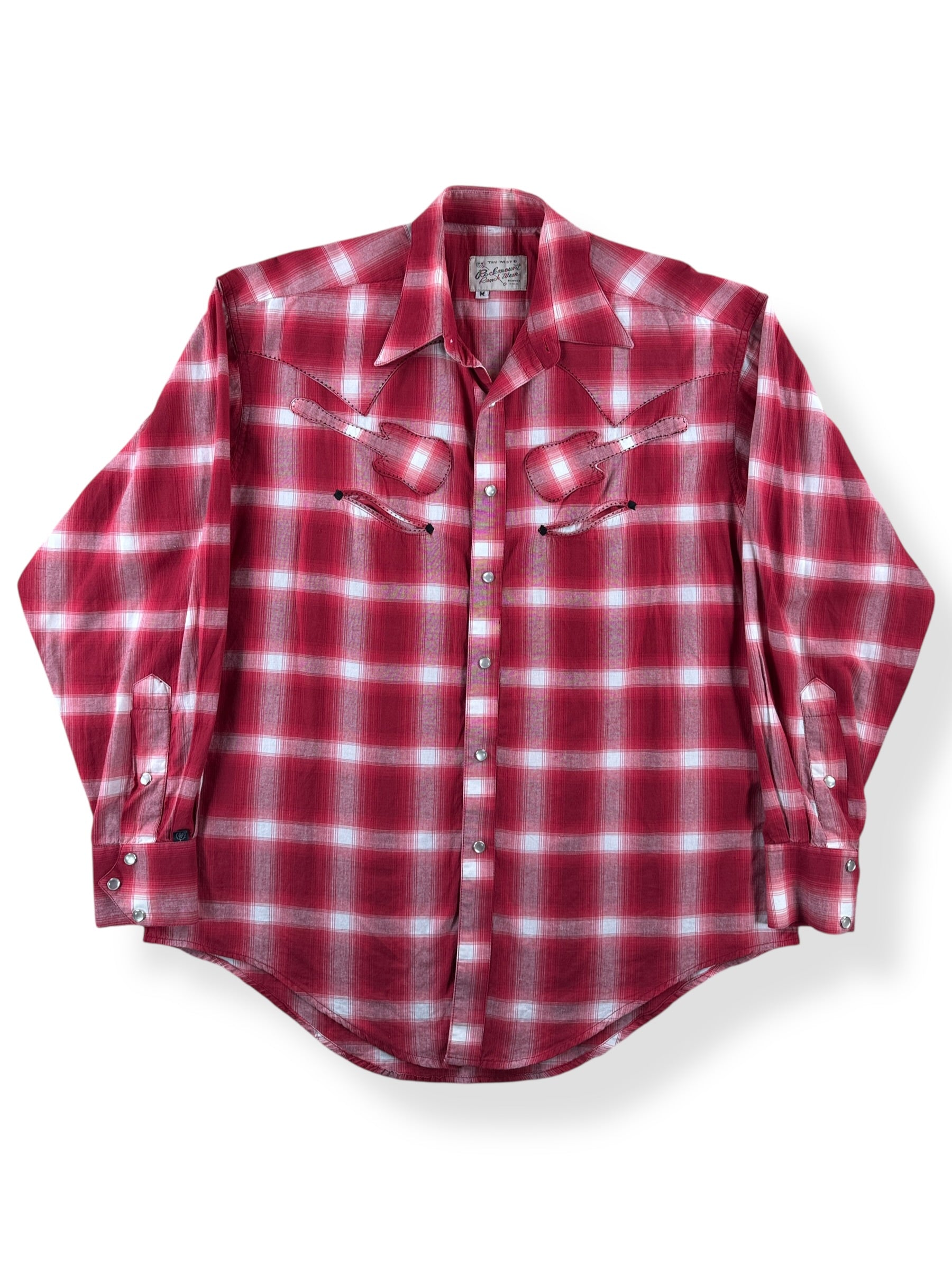 Front of Vintage Rockmount Western Wear Red Shadow Plaid Guitar Pearl Snap SZ M