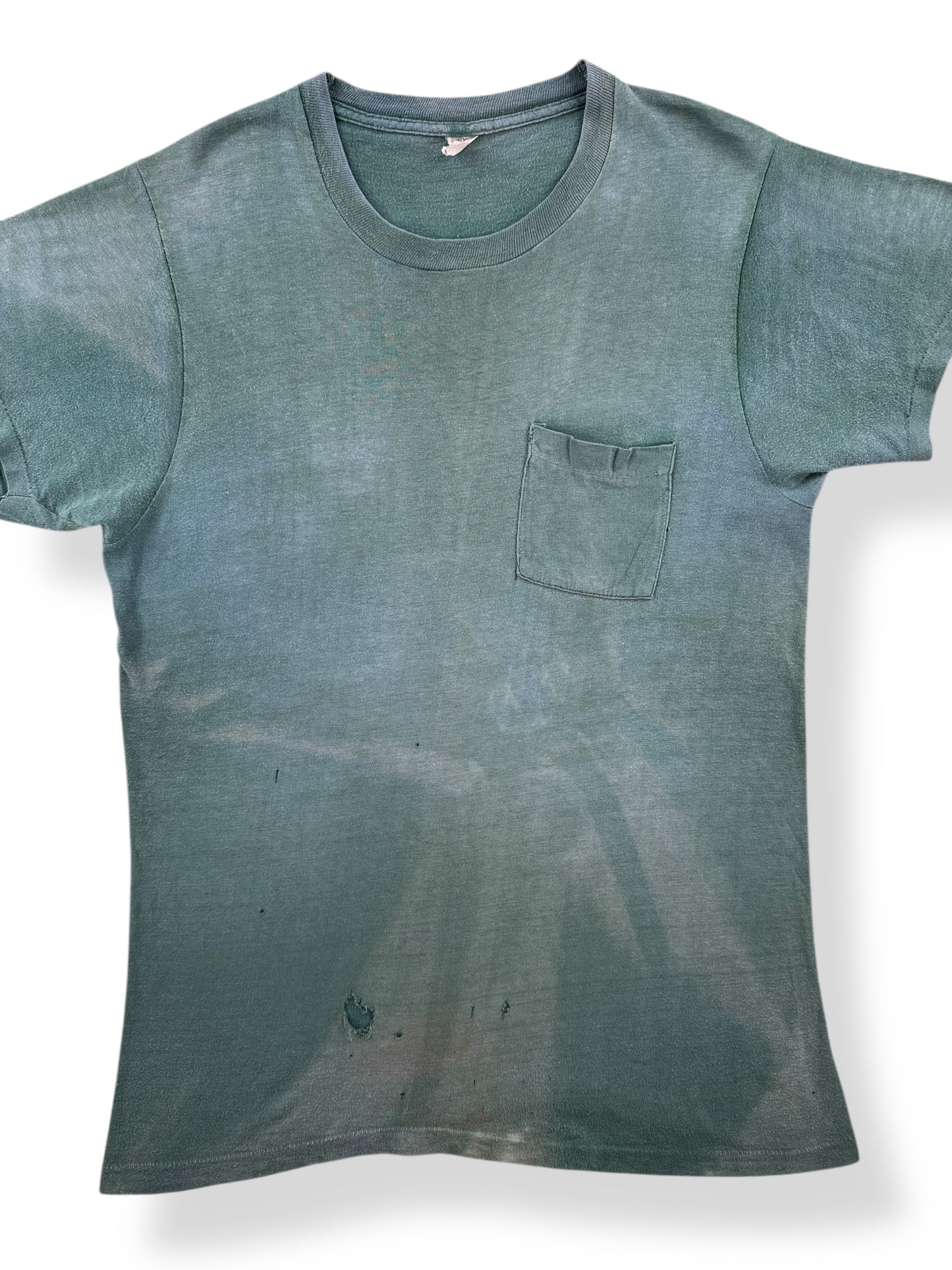 Front Close Up of Vintage Faded Green FOTL Pocket Tee SZ L