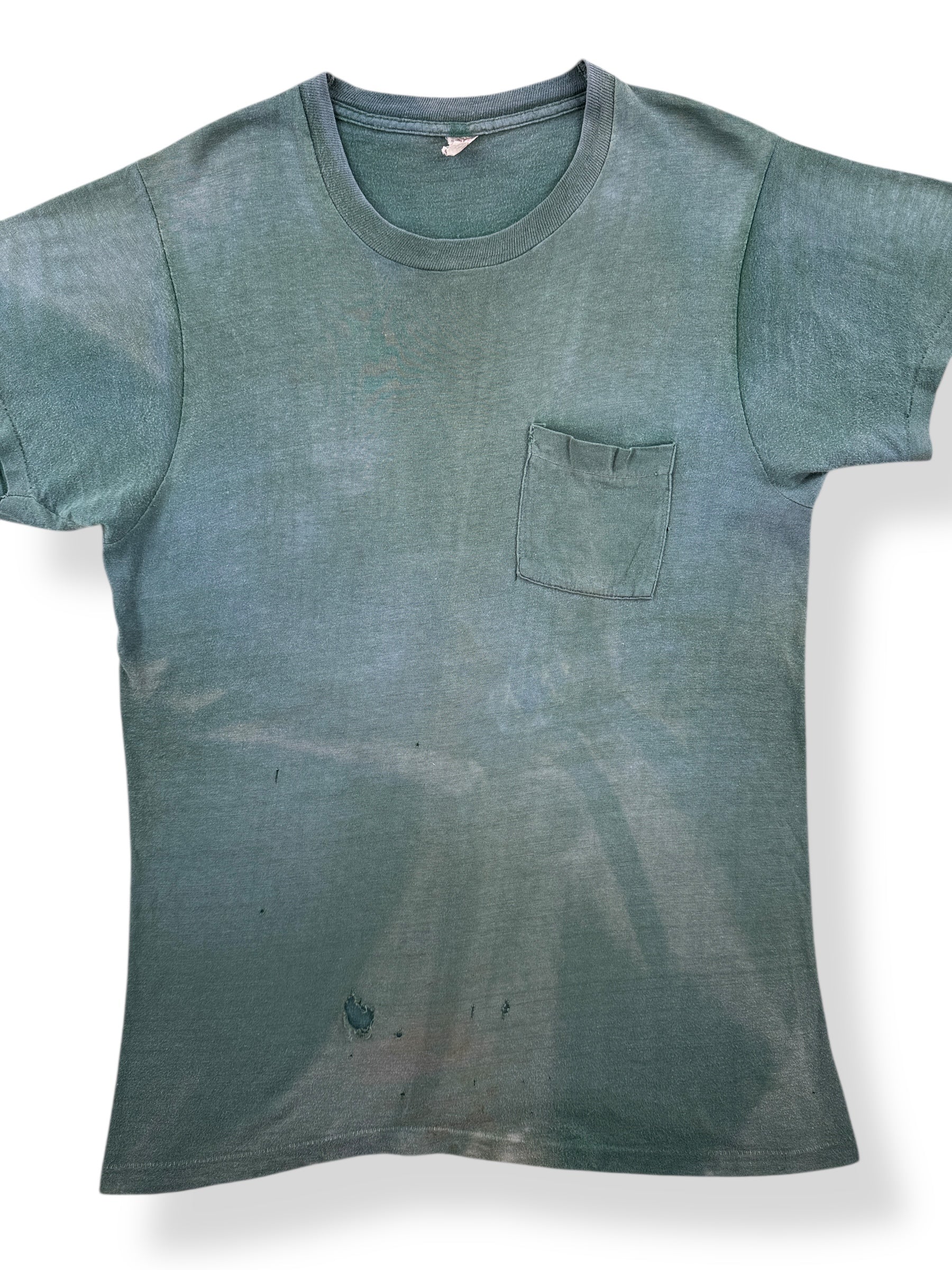 Front Close Up of Vintage Faded Green FOTL Pocket Tee SZ L