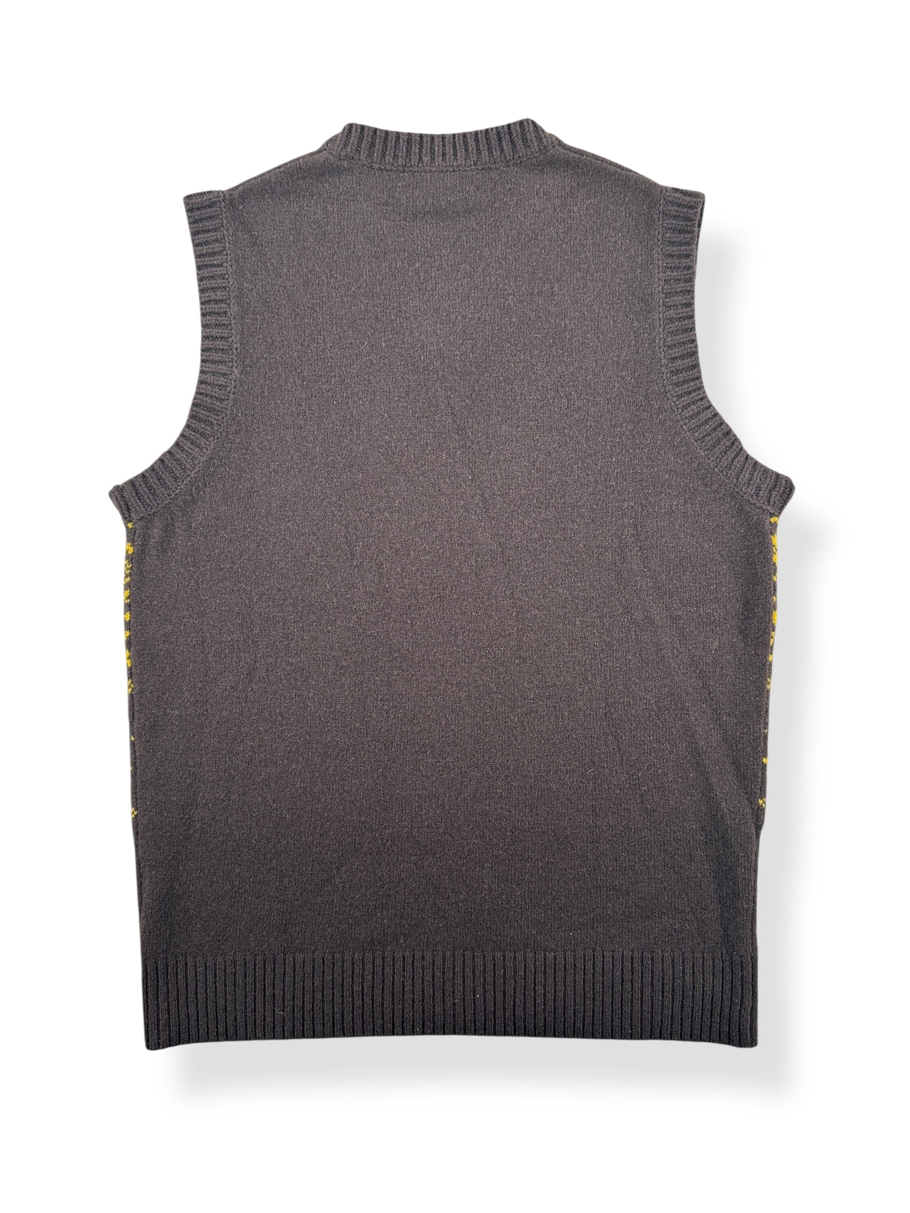 Back of Vintage J Crew Lambswool Brown and Yellow Vest SZ M
