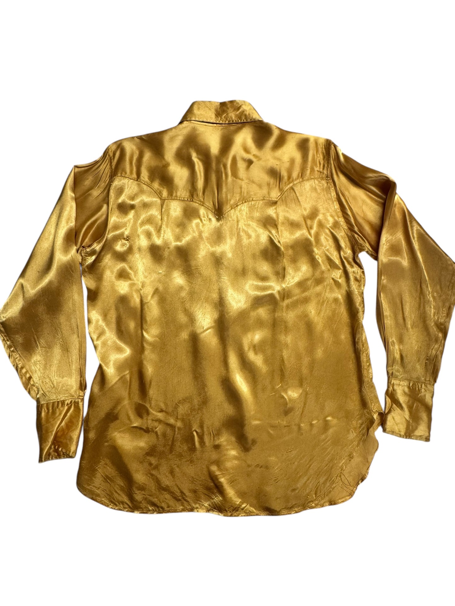 back view of Vintage Gold Satin Pearlsnap Shirt M