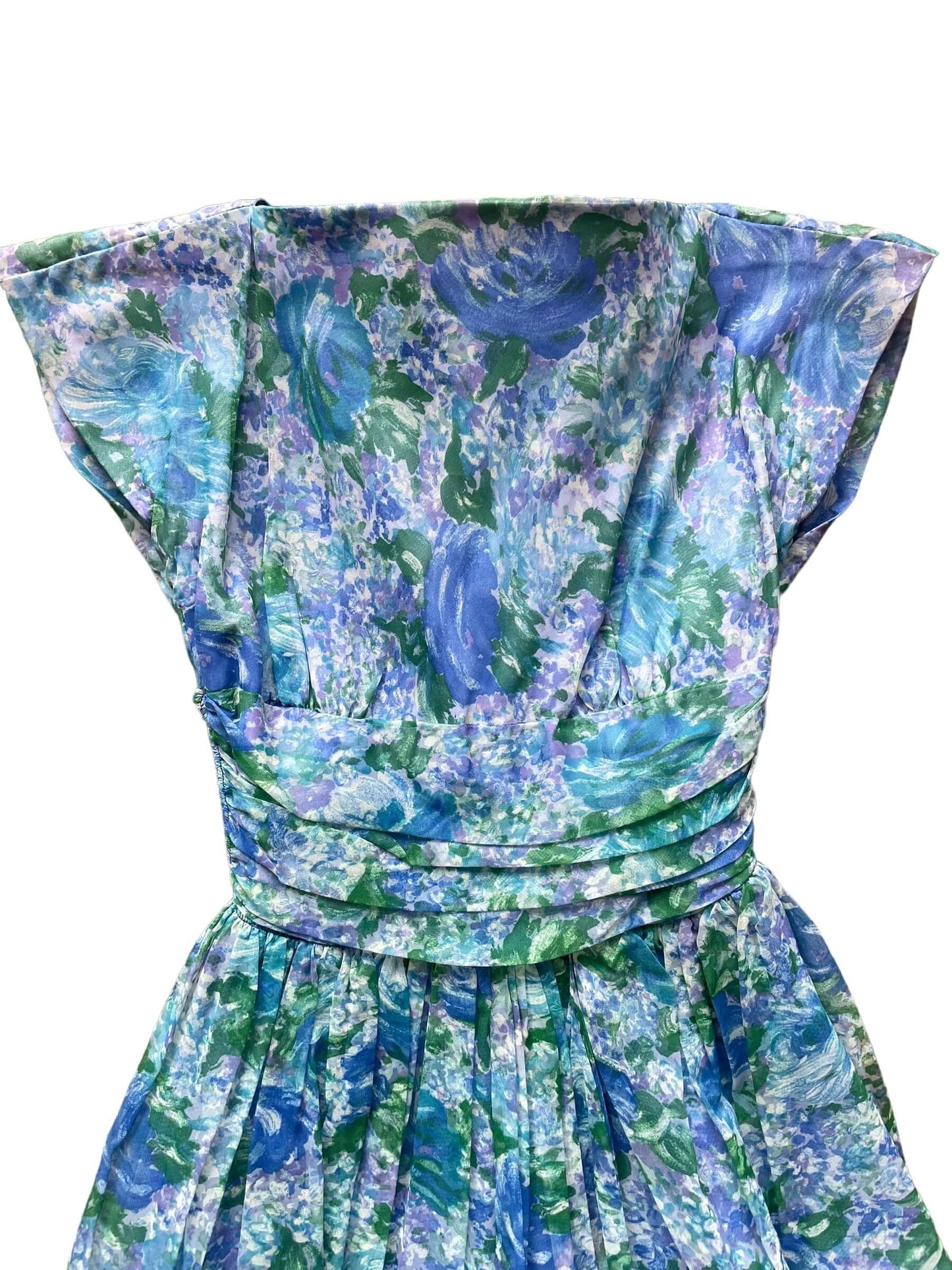 Front top view of Vintage 1950s Formal Blue Floral Dress SZ XS | Seattle True Vintage Dresses | Barn Owl Vintage Ladies Clothing