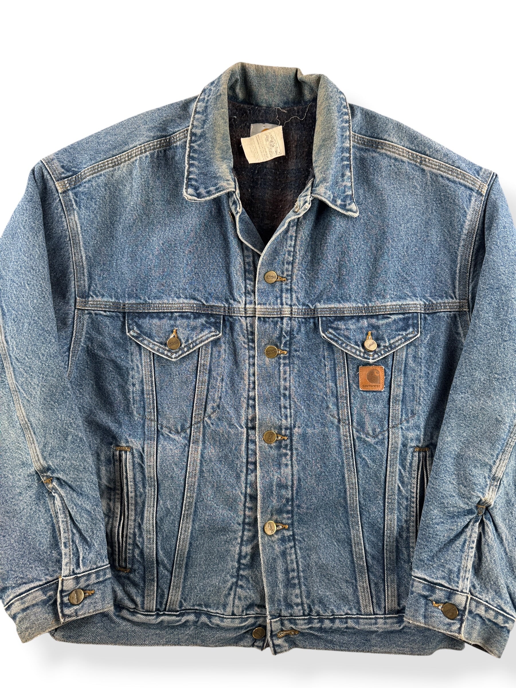 Front Close Up of Vintage MIUSA Carhartt Denim Trucker Jacket SZ L