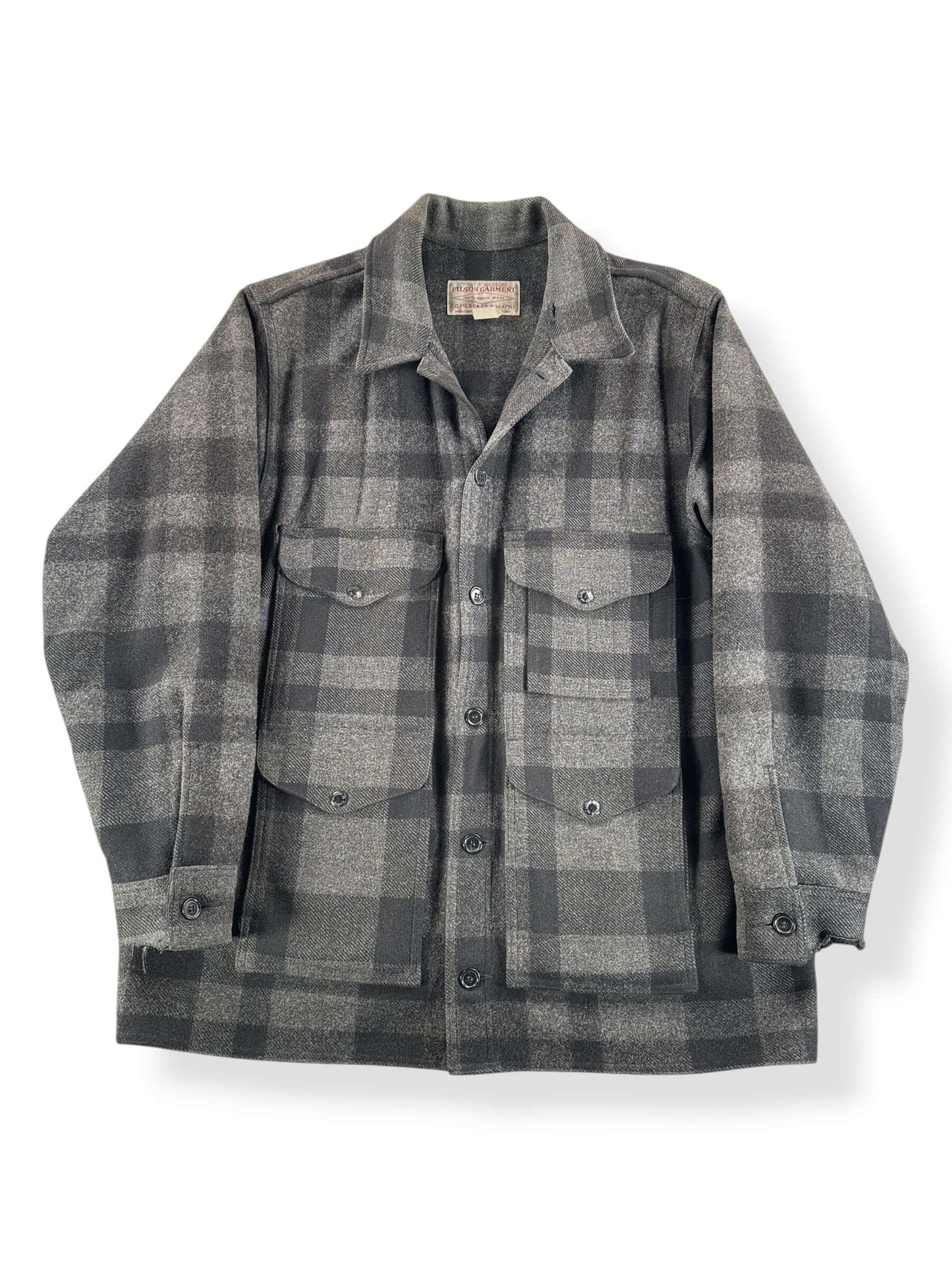 Front of Vintage 90s Era Filson Black & Charcoal Mackinaw Cruiser Jacket SZ XXL