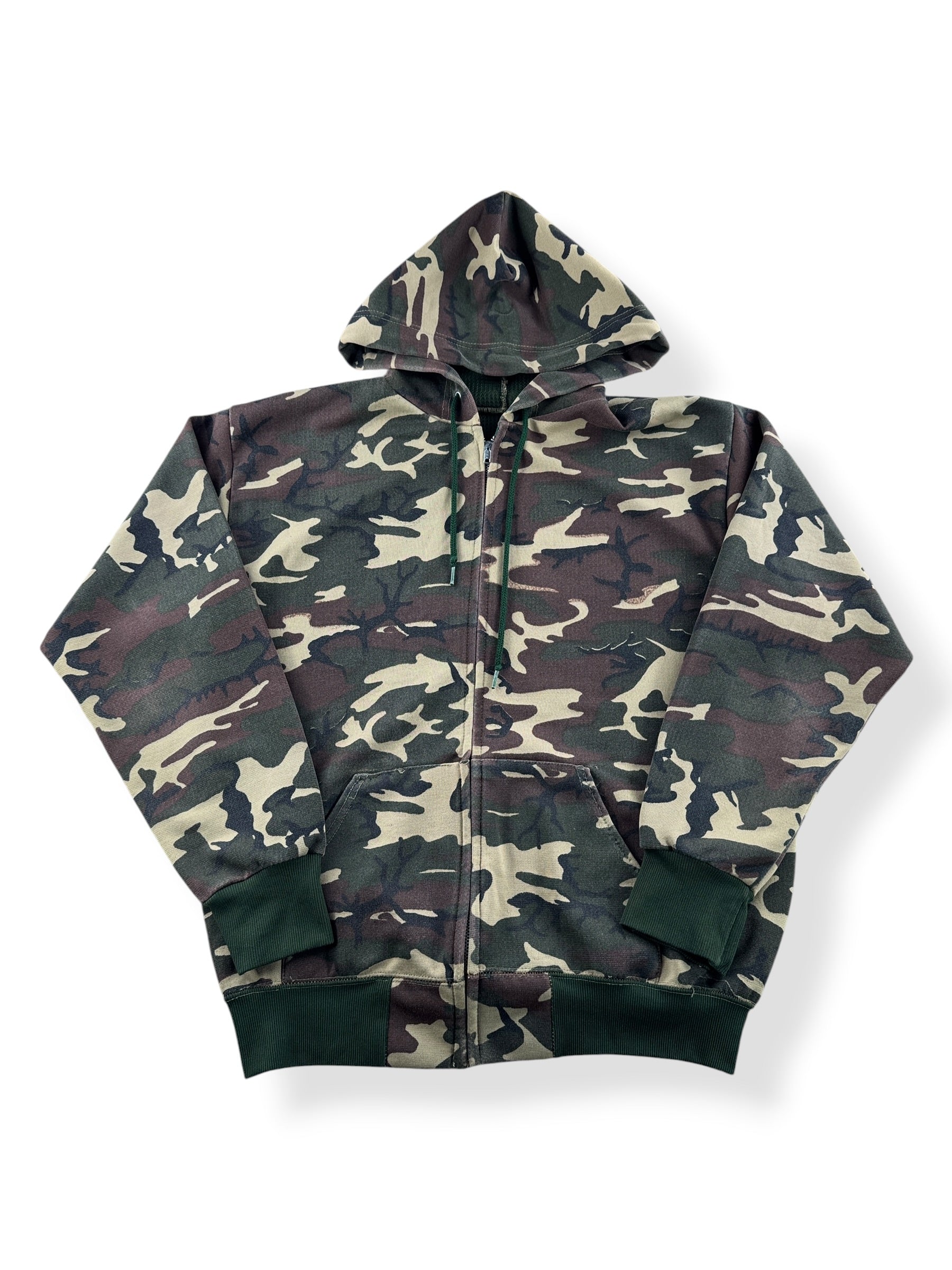 Front of Vintage Thermal Lined Woodland Camo Zip Up Hoodie SZ M