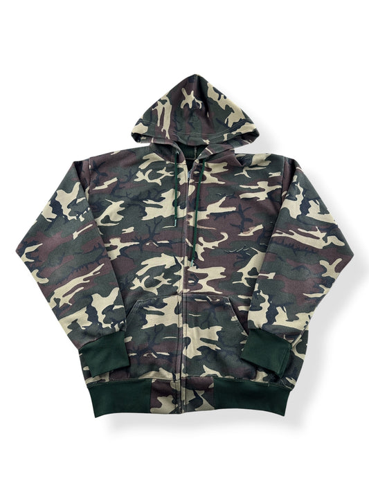 Front of Vintage Thermal Lined Woodland Camo Zip Up Hoodie SZ M