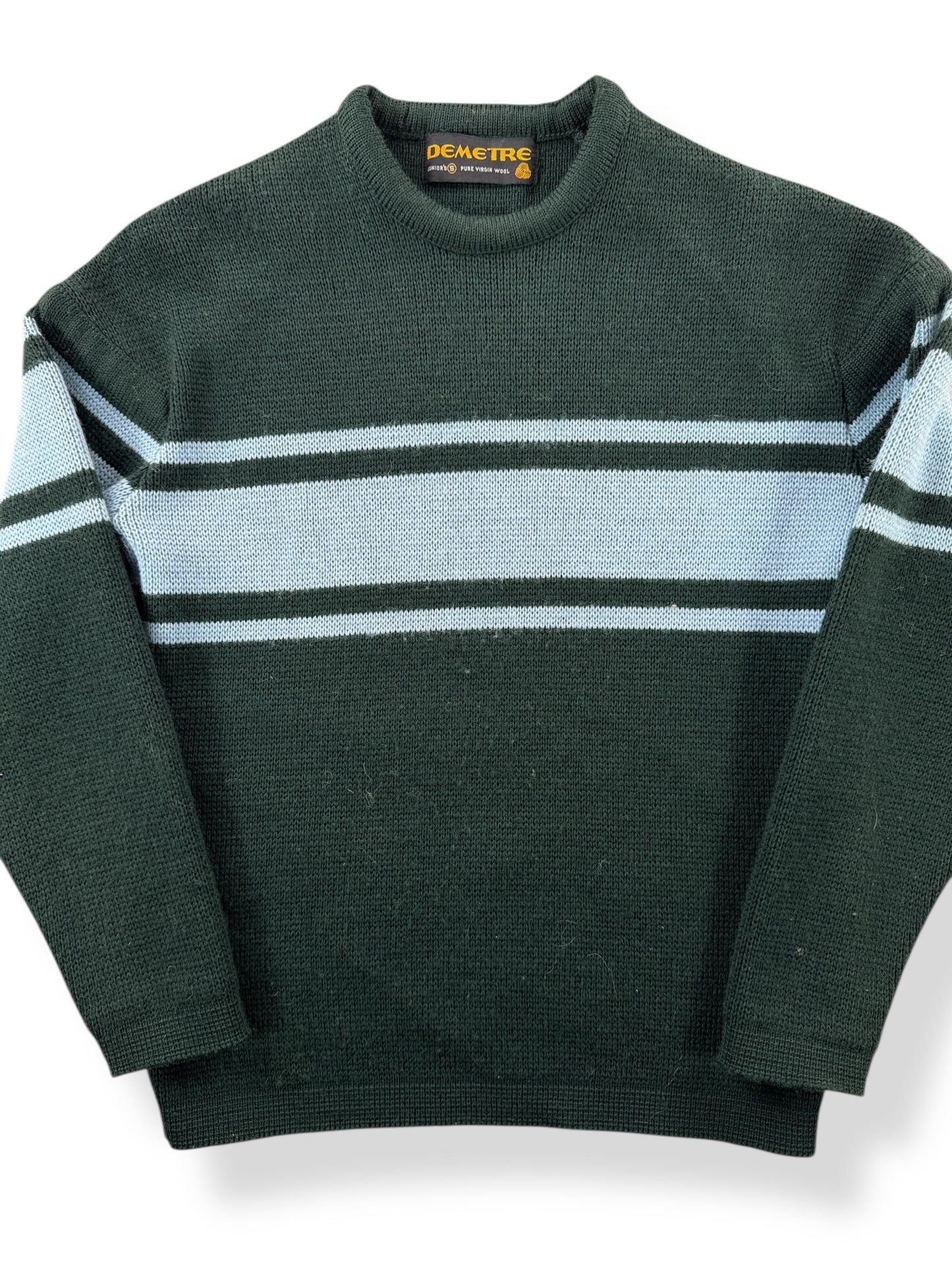 Front Close Up of Vintage Demetre Green & Blue Seattle Wool Ski Sweater SZ Kids S (Fits XXS)