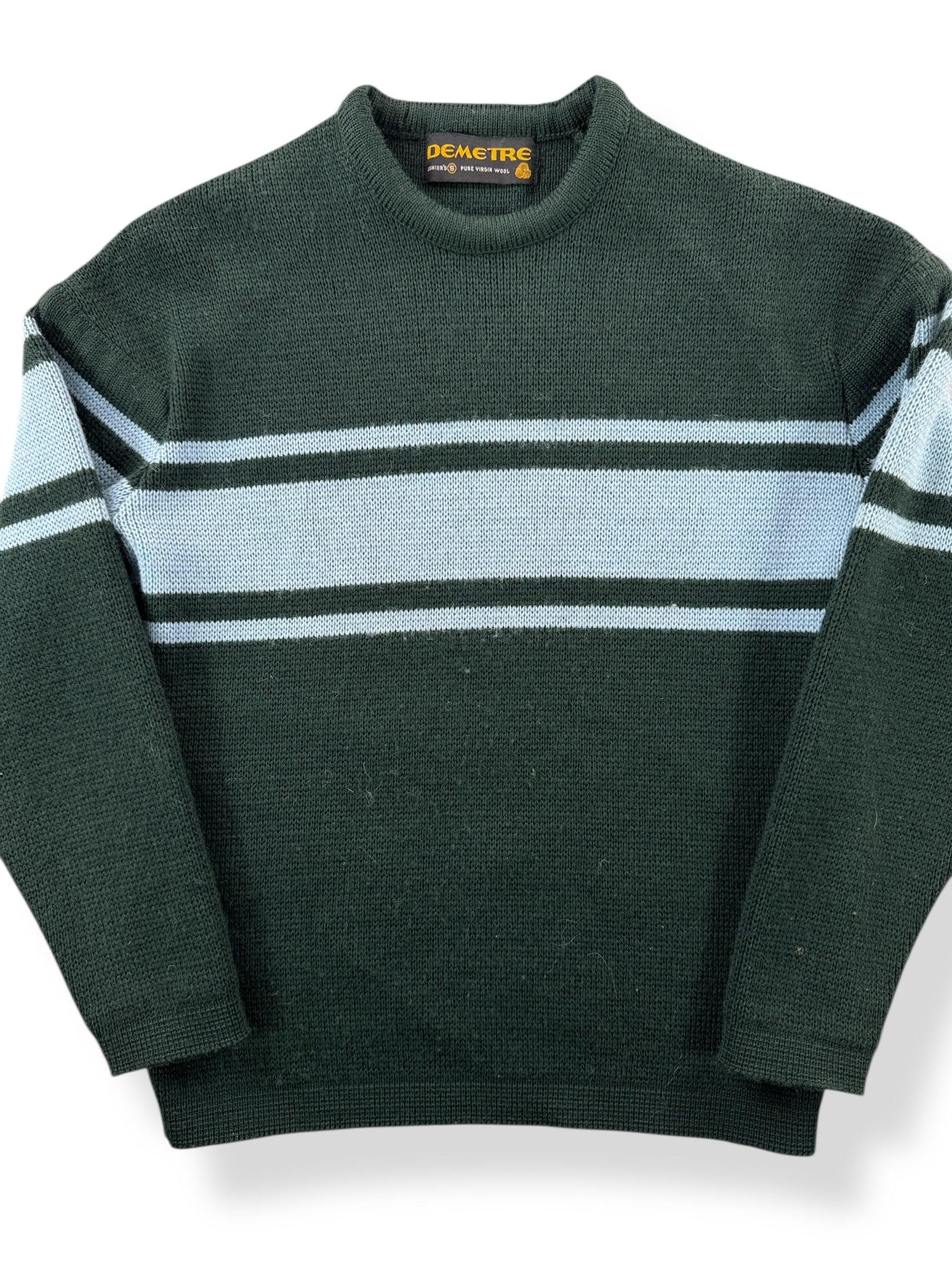 Front Close Up of Vintage Demetre Green & Blue Seattle Wool Ski Sweater SZ Kids S (Fits XXS)