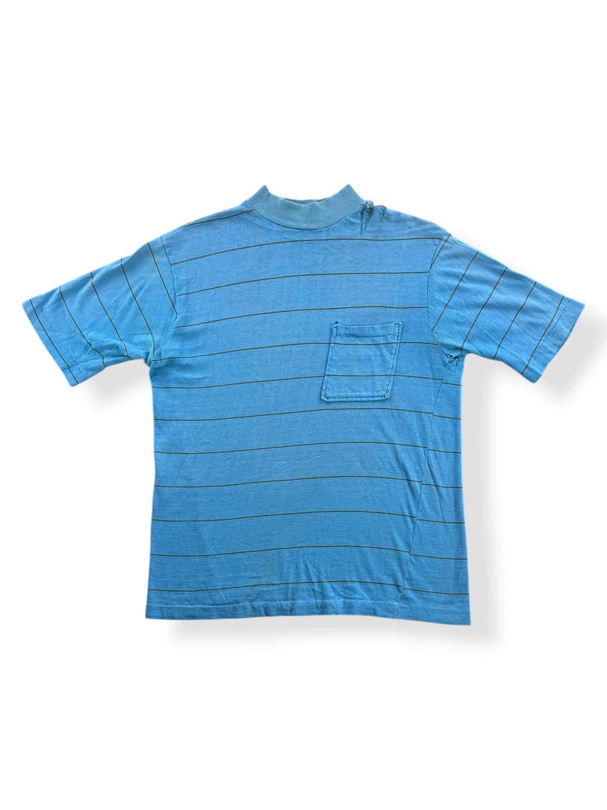 Front of Vintage 60s/70s Turtle King Baby Blue Striped Pocket Tee SZ M