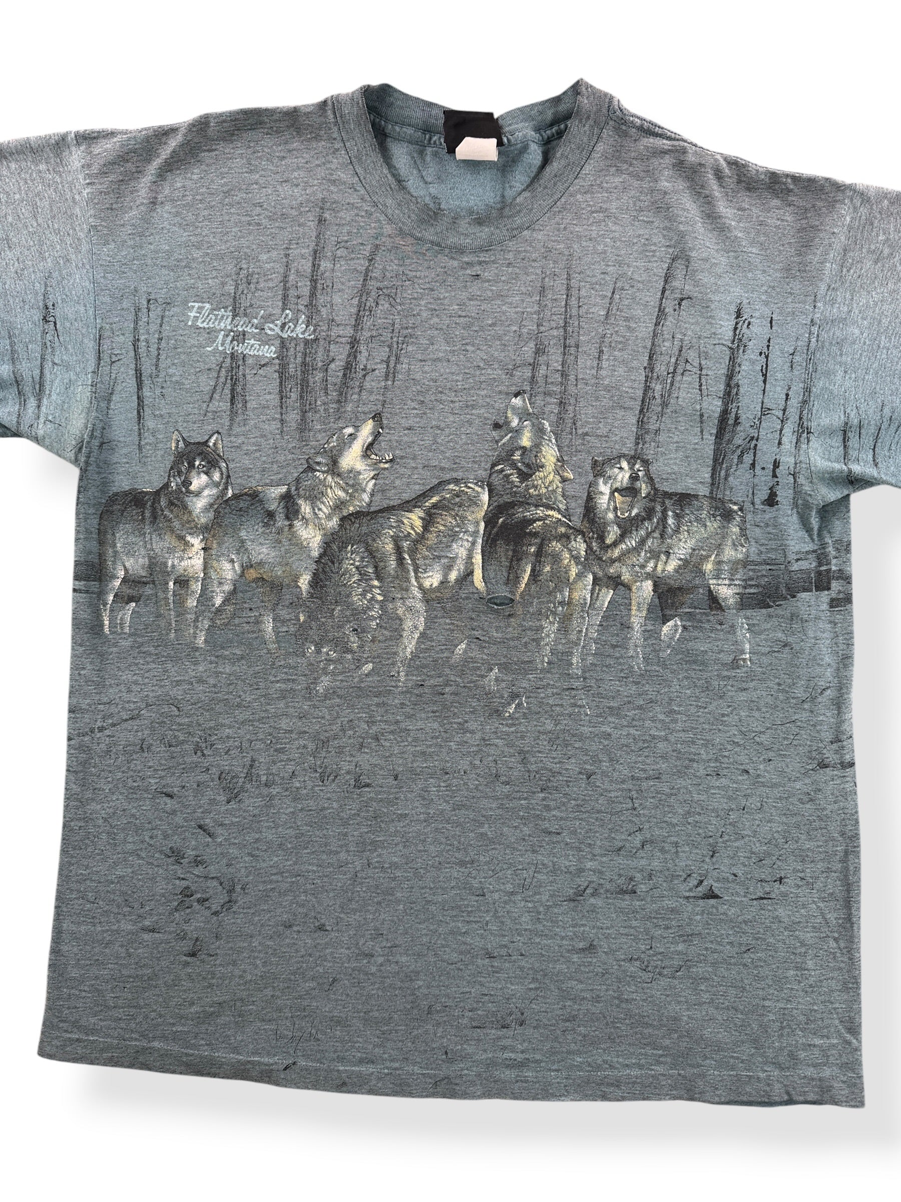 Front Close Up of Vintage AOP Wolf Tee SZ XL