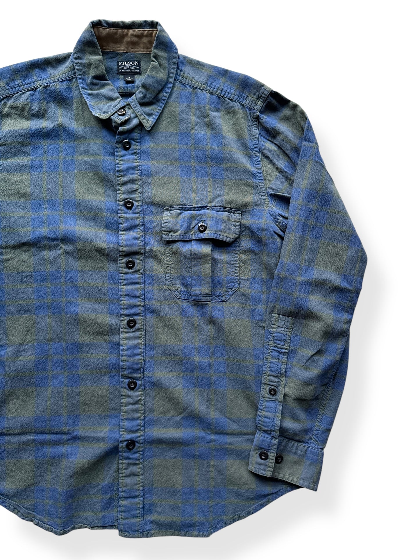 Front Left of Filson Green Blue Button Up Shirt SZ S