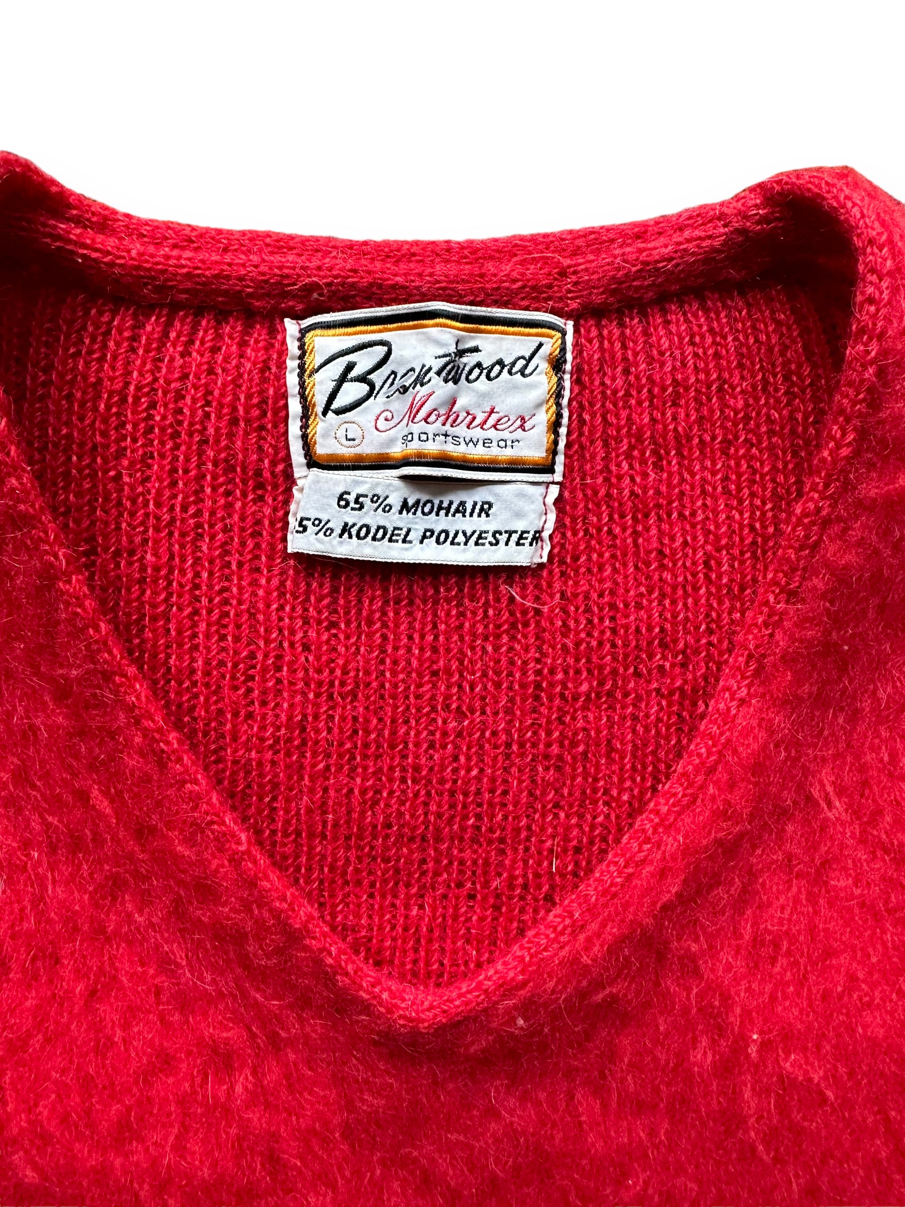 Tag View of Vintage Brentwood Red Mohair Sweater SZ L | Vintage Mohair Sweater Seattle | Barn Owl Vintage Goods