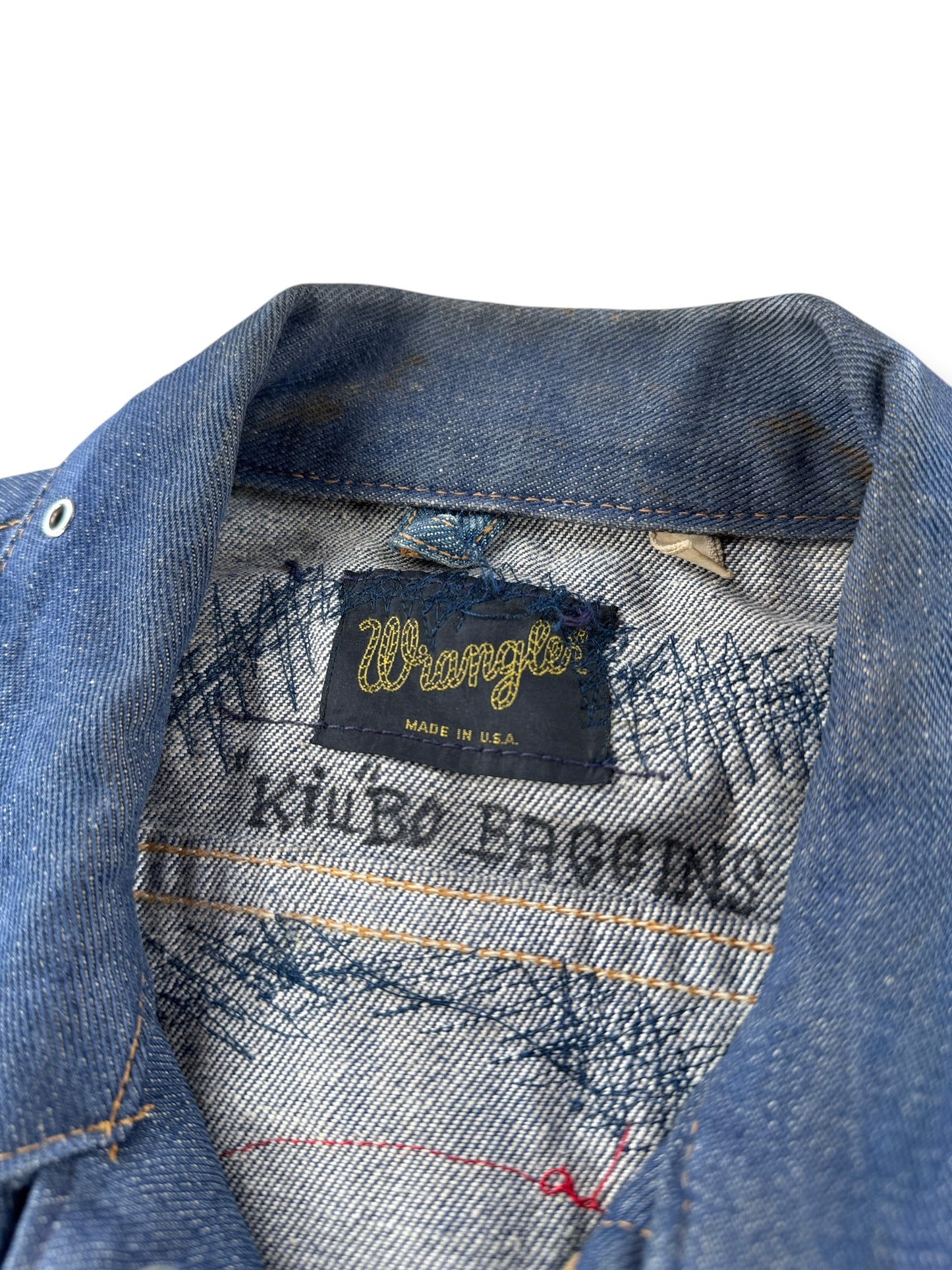 Tags and nick-name on Vintage 60s Dark Wash Wrangler Biker Vest SZ 40