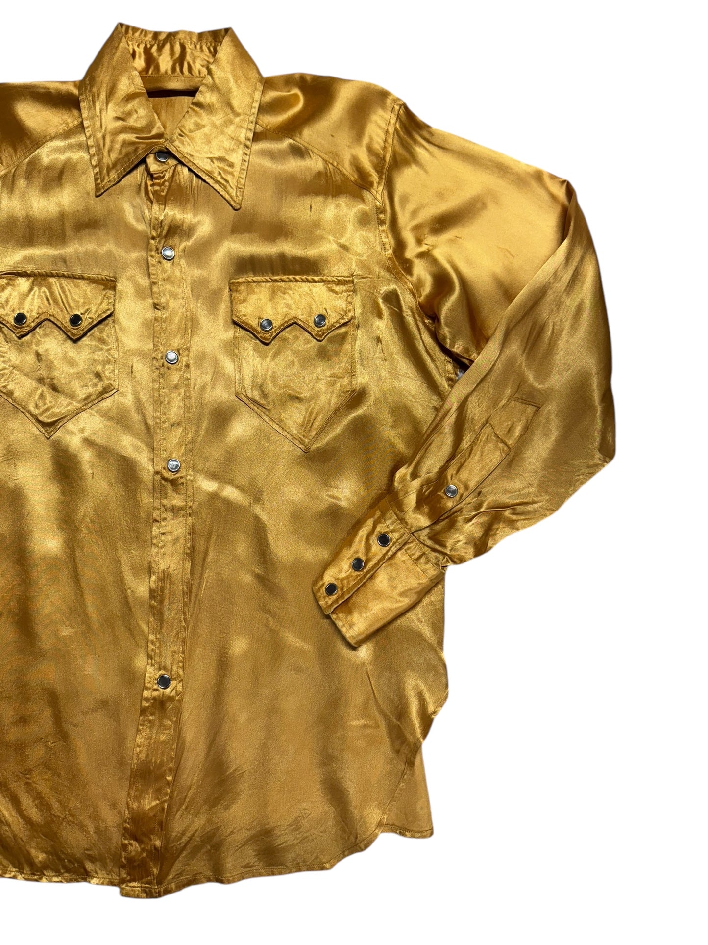 Front left side of Vintage Gold Satin Pearlsnap Shirt M