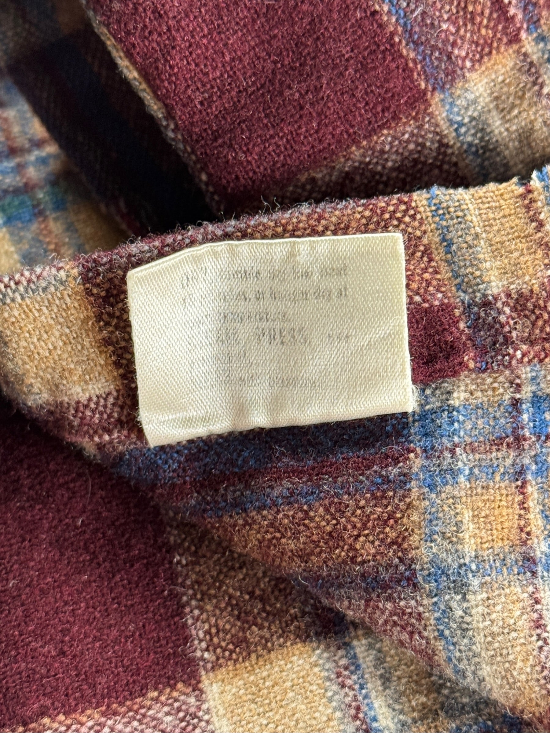 Back of care tag on Vintage Pendleton Burgundy Board Shirt SZ L