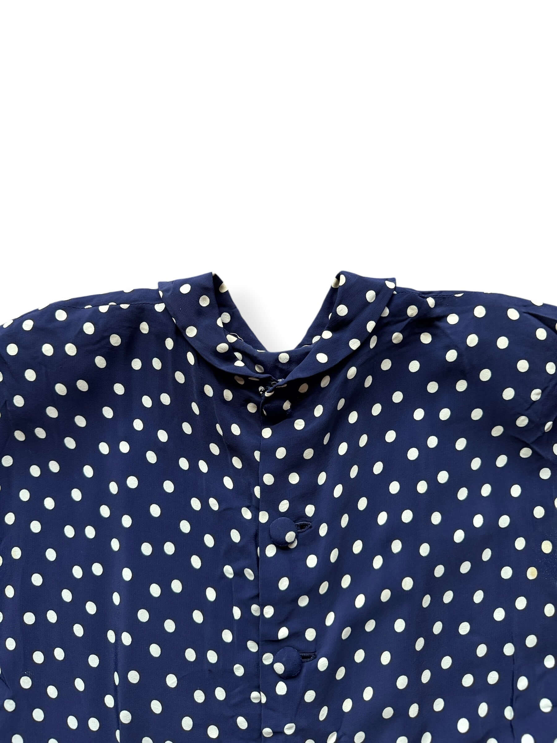 Back neckline of Vintage 1940s Rayon Drop Waist Polka Dot Dress