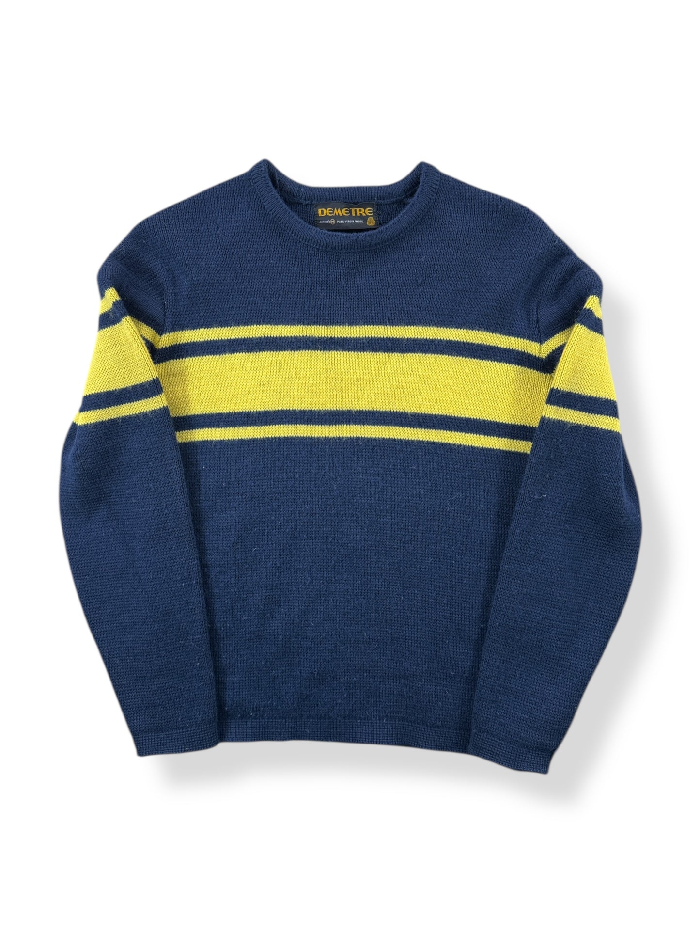 Front of Vintage Navy & Yellow Demetre Seattle Wool Ski Sweater SZ Kids M (Fits XS)