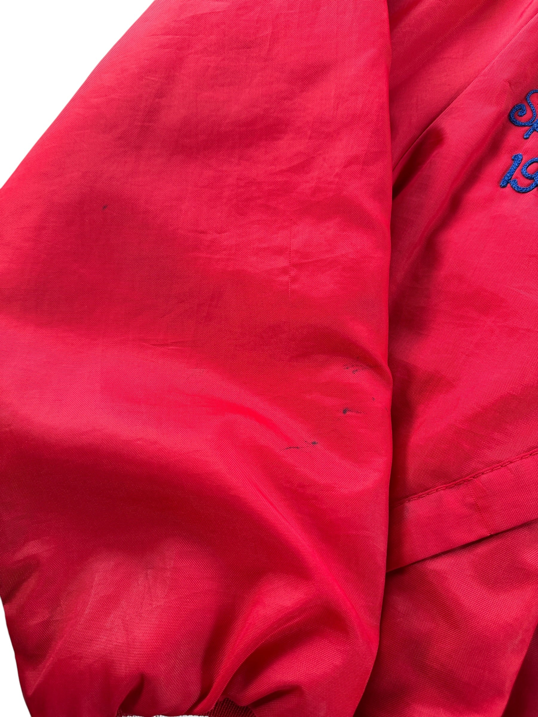 Ink stains on sleeve of Vintage Ballard Oil Vikings Chain Stitch Coaches Jacket SZ XL