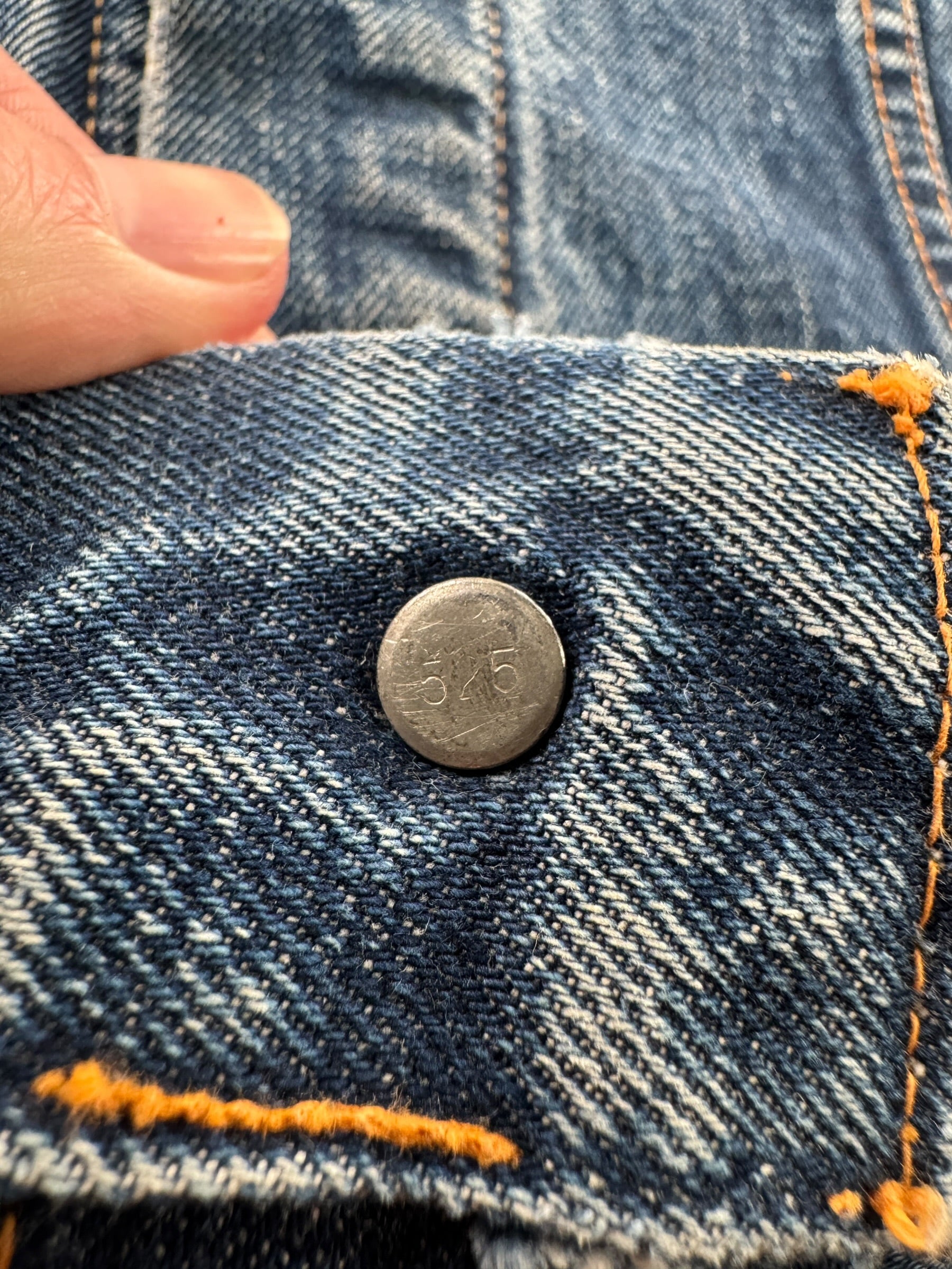 Factory Stamp on Vintage Dark Wash Big E Levis 70505 Trucker Jacket SZ 48