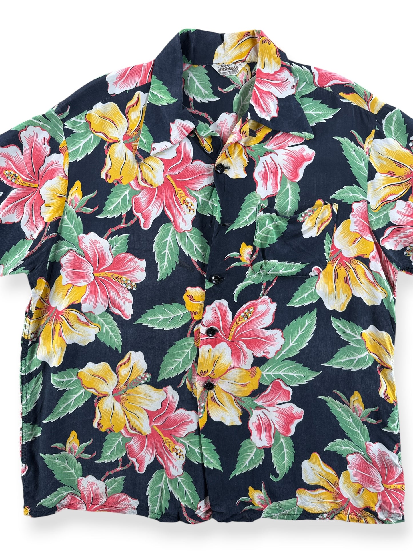 Front Close Up of Vintage Black Made in California Floral Rayon Aloha Shirt SZ L (Fits M)