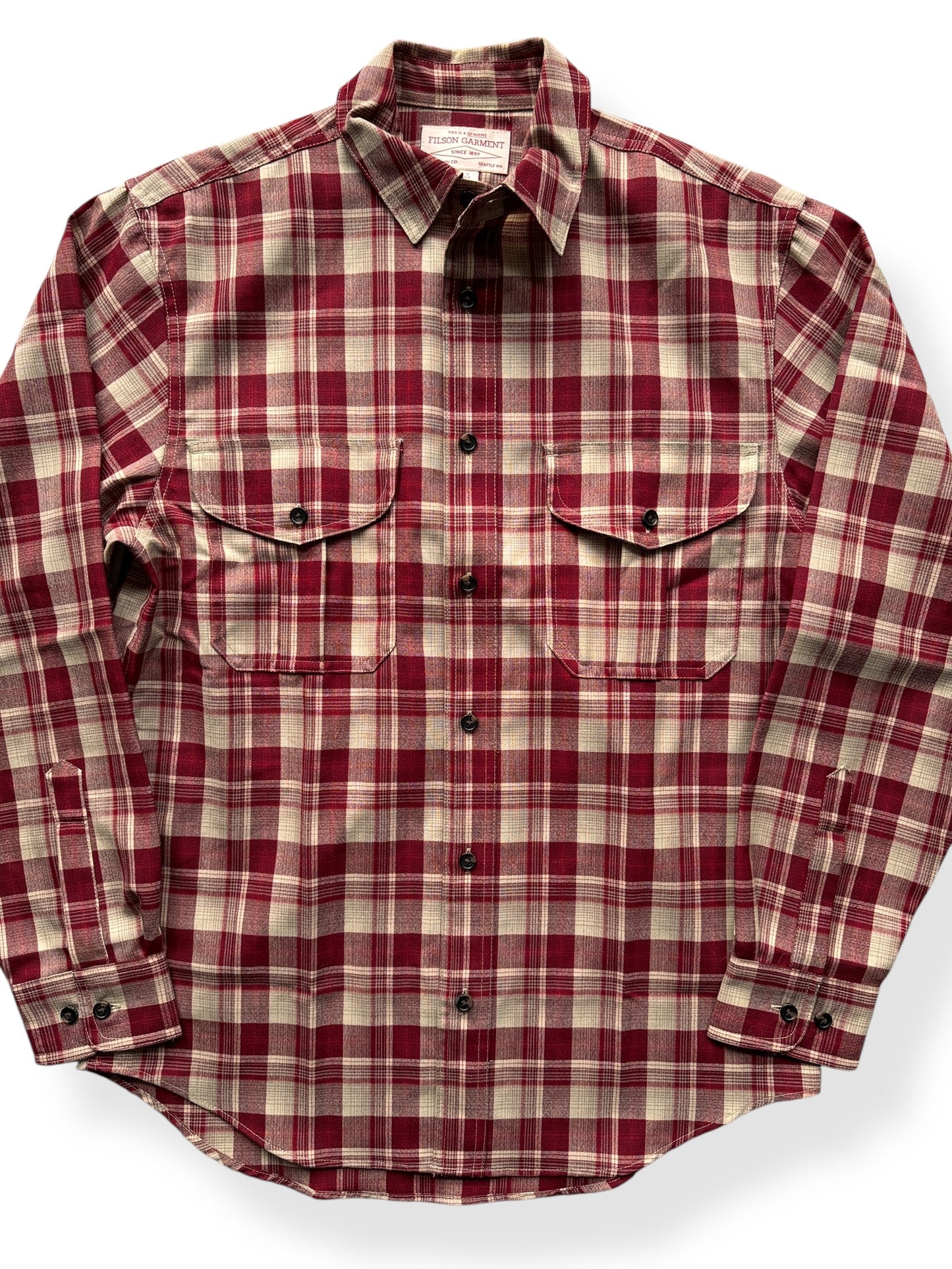 Front Close Up of Filson Merino Wool Red Tan Plaid Guide Shirt SZ S