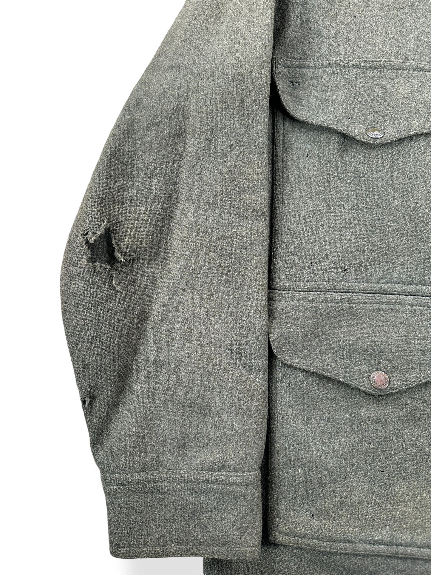 Hole on Sleeve of Vintage Filson Wool/Nylon Blend Jacket SZ L AS IS