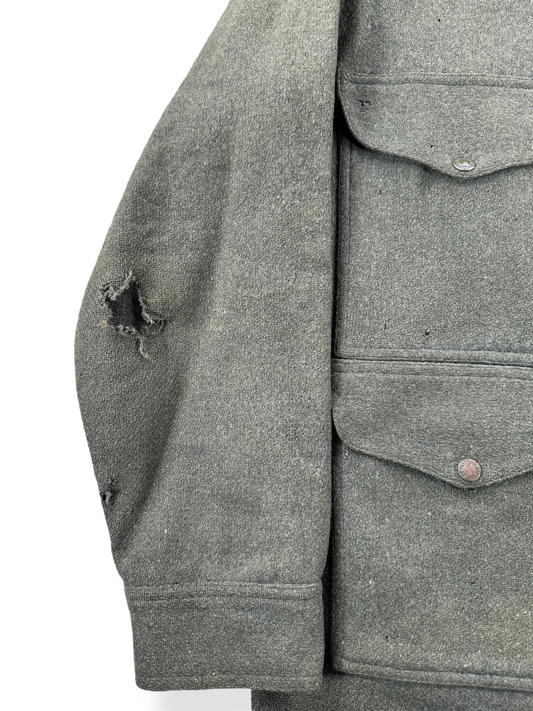 Hole on Sleeve of Vintage Filson Wool/Nylon Blend Jacket SZ L AS IS
