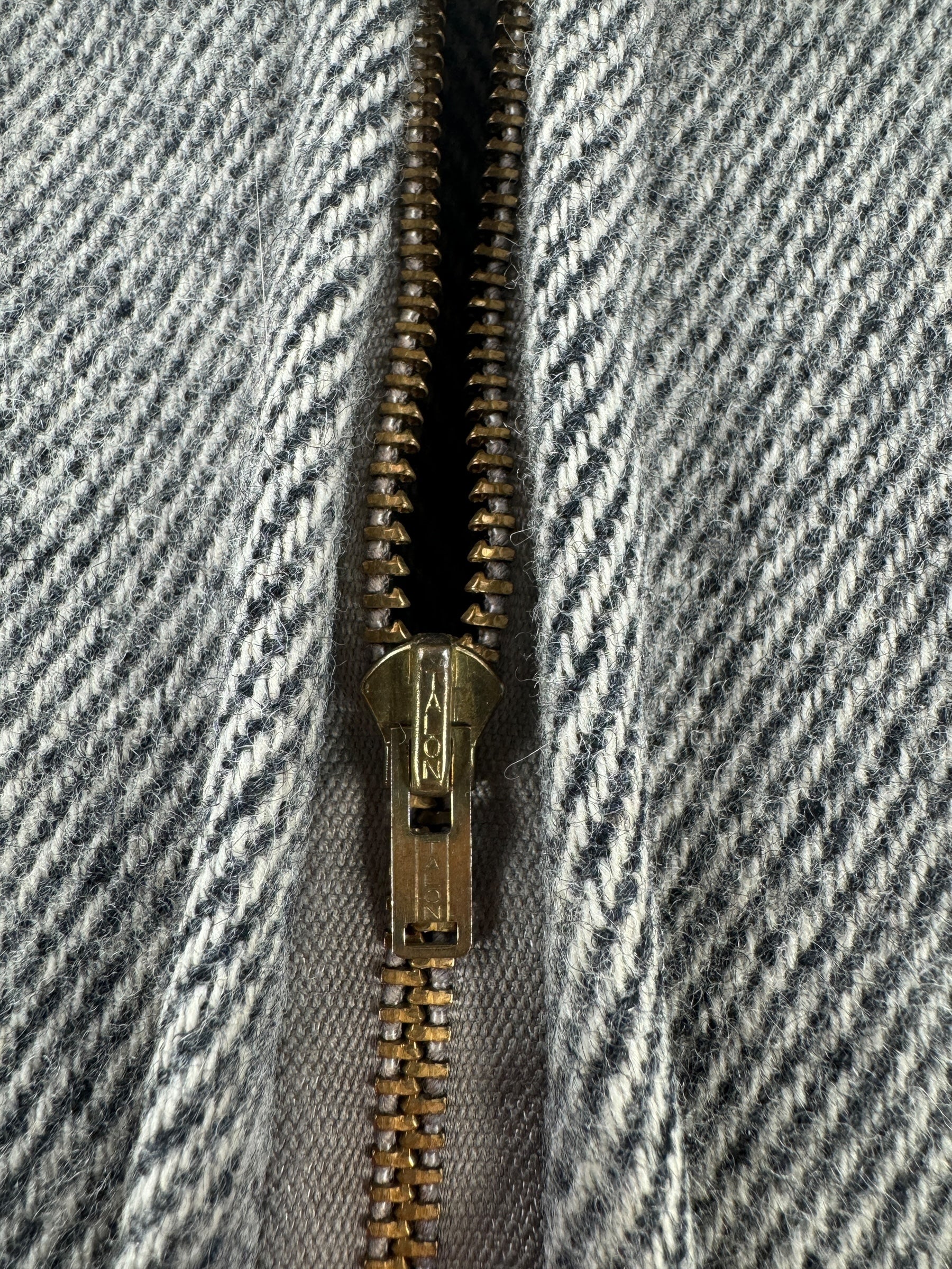 Zipper on Vintage Johnson Woolen Mills Grey Herringbone Jacket SZ XL