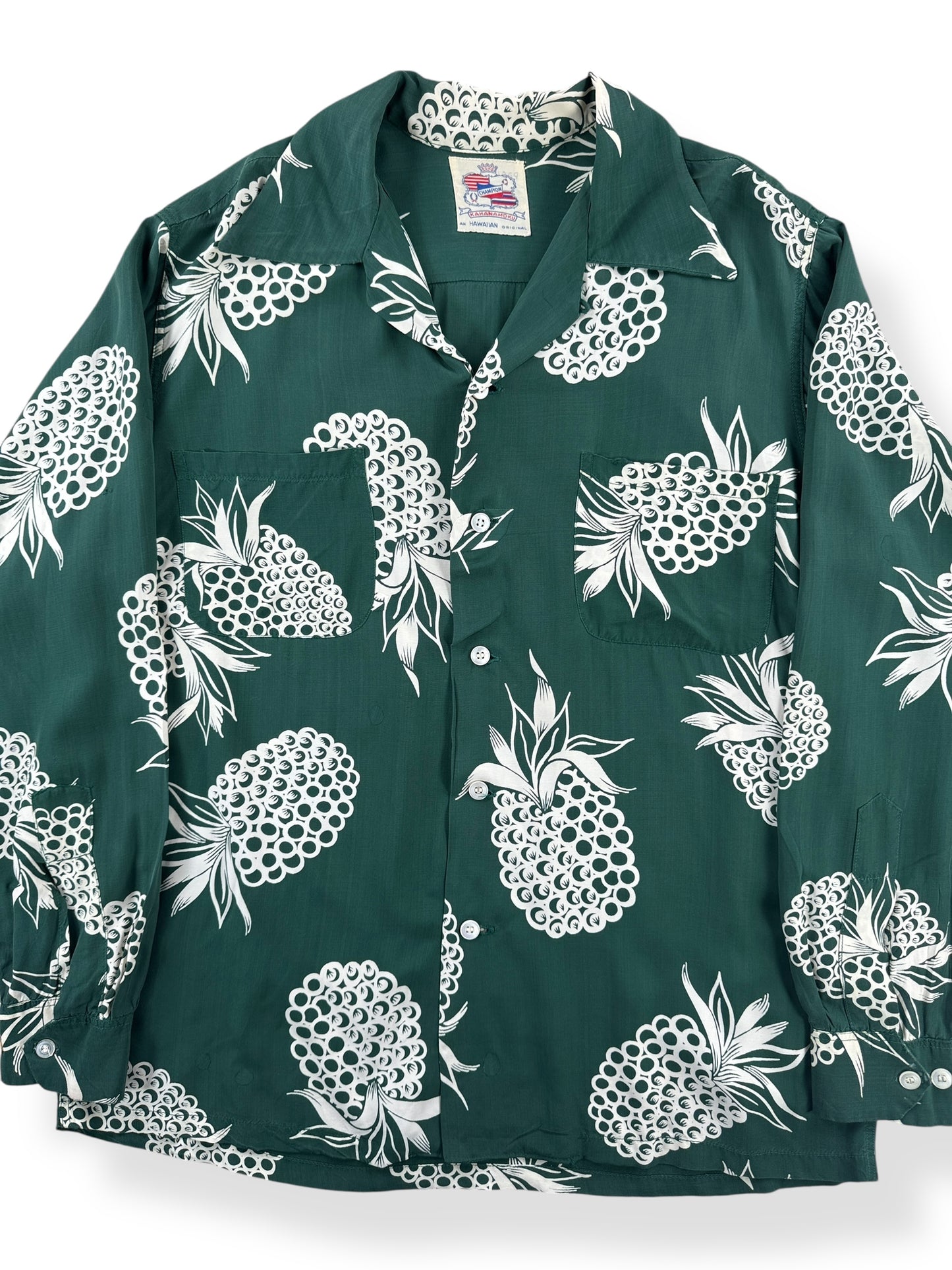 Front Close Up of Vintage Long Sleeve Kahanamoku Aloha Shirt SZ L