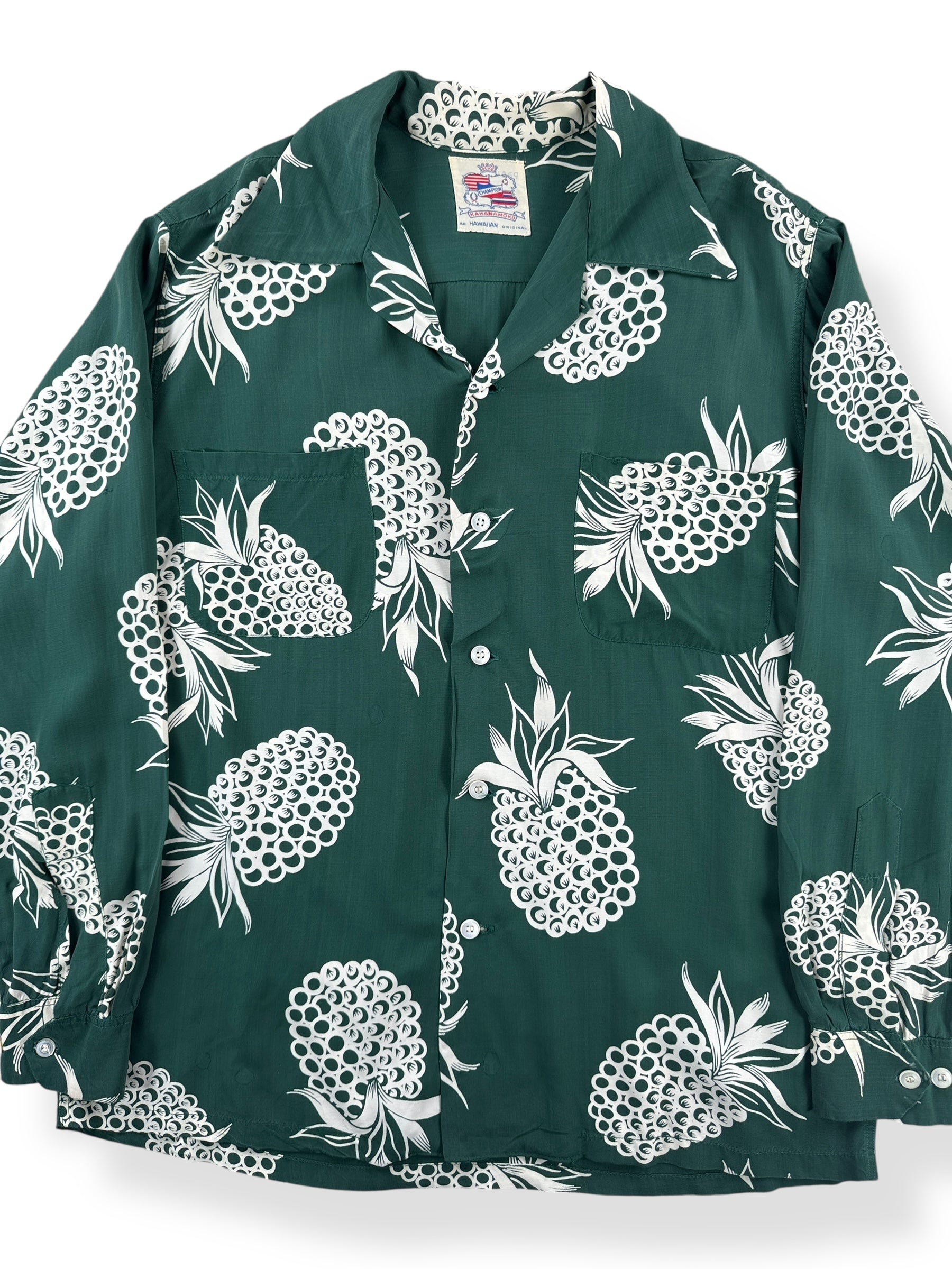 Front Close Up of Vintage Long Sleeve Kahanamoku Aloha Shirt SZ L