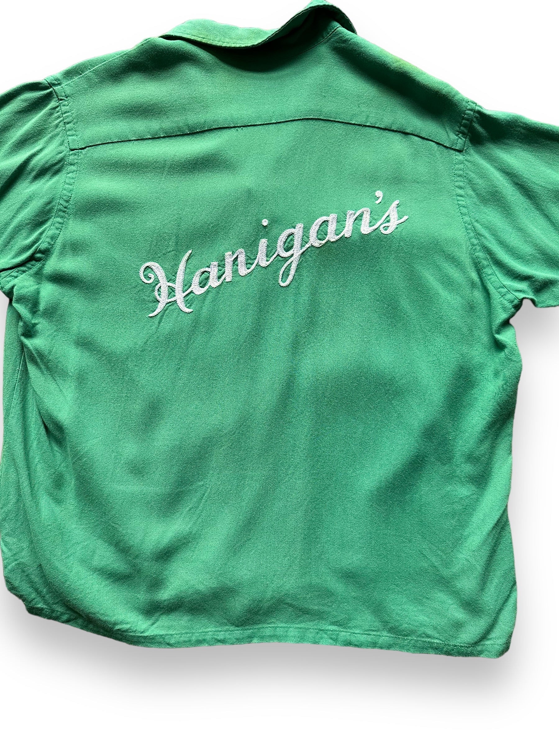 back close up of Vintage Hanigans Ladies Rayon Bowling Shirt SZ 40 | Vintage Bowling Shirt Seattle | Barn Owl Vintage Seattle