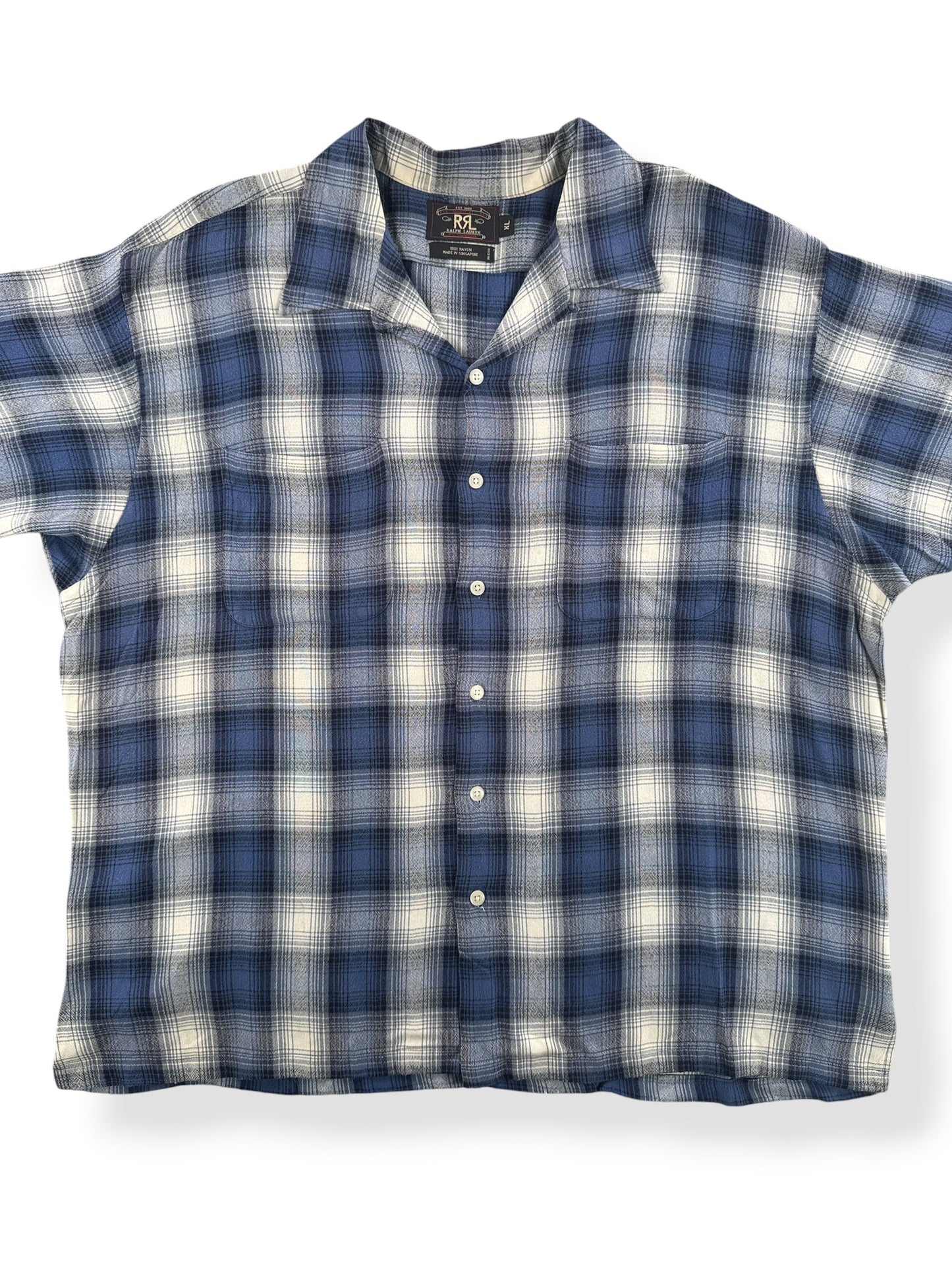 Front Close Up of RRL Shadowplaid Loop Collar Shirt SZ XL