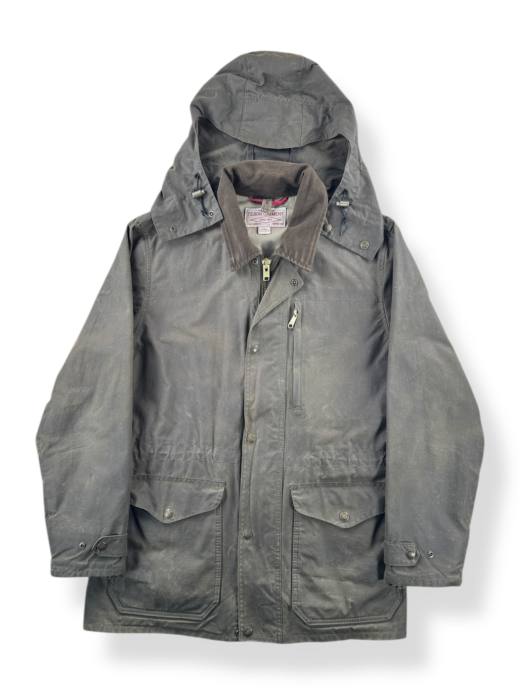 Front of Filson Otter Green Cover Cloth Mile Marker Jacket SZ L