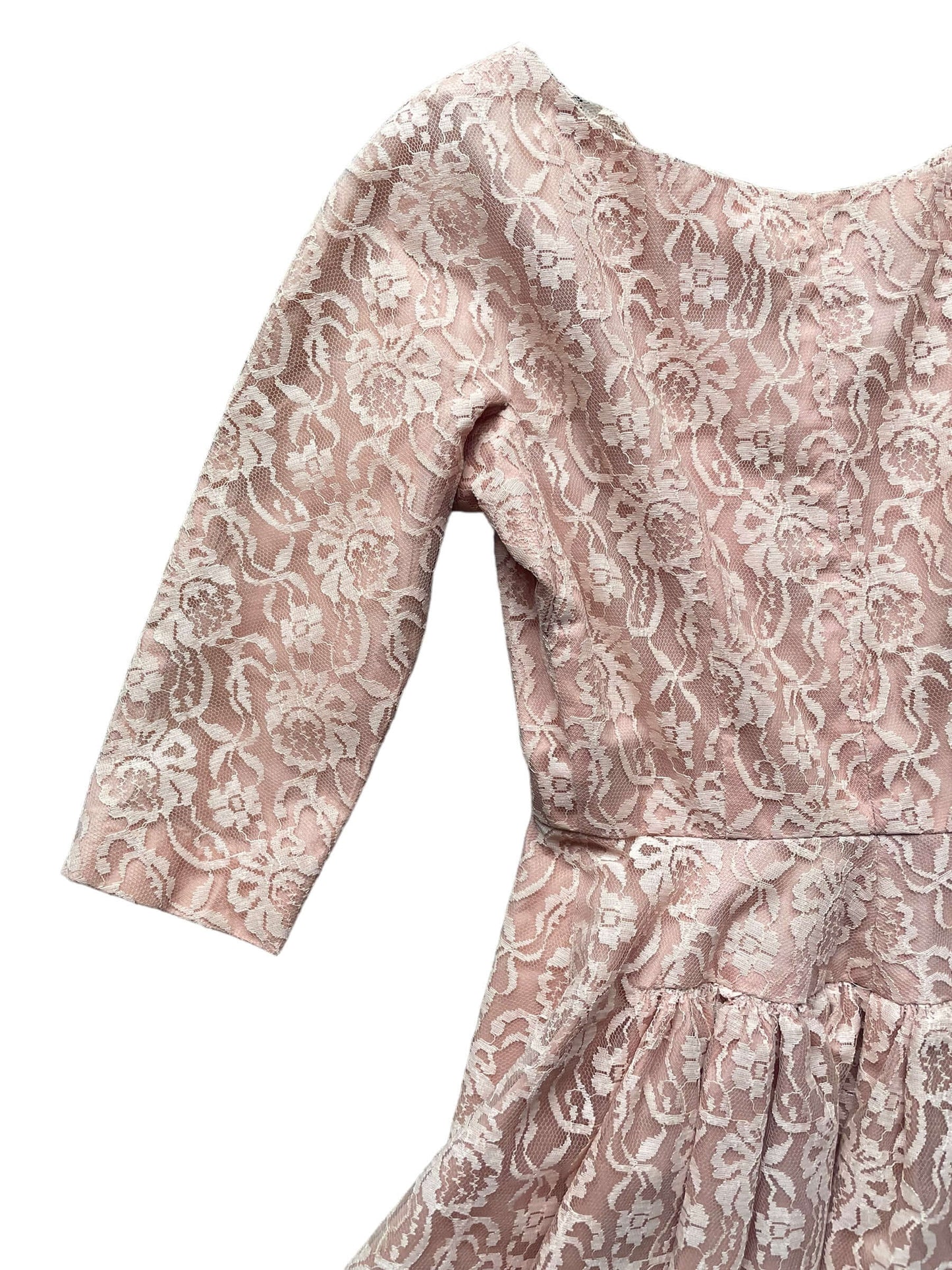 Back left shoulder view of Vintage 1950s Handmade Pink Lace Formal Dress |  Barn Owl Vintage Dresses | Seattle Vintage Ladies Clothing
