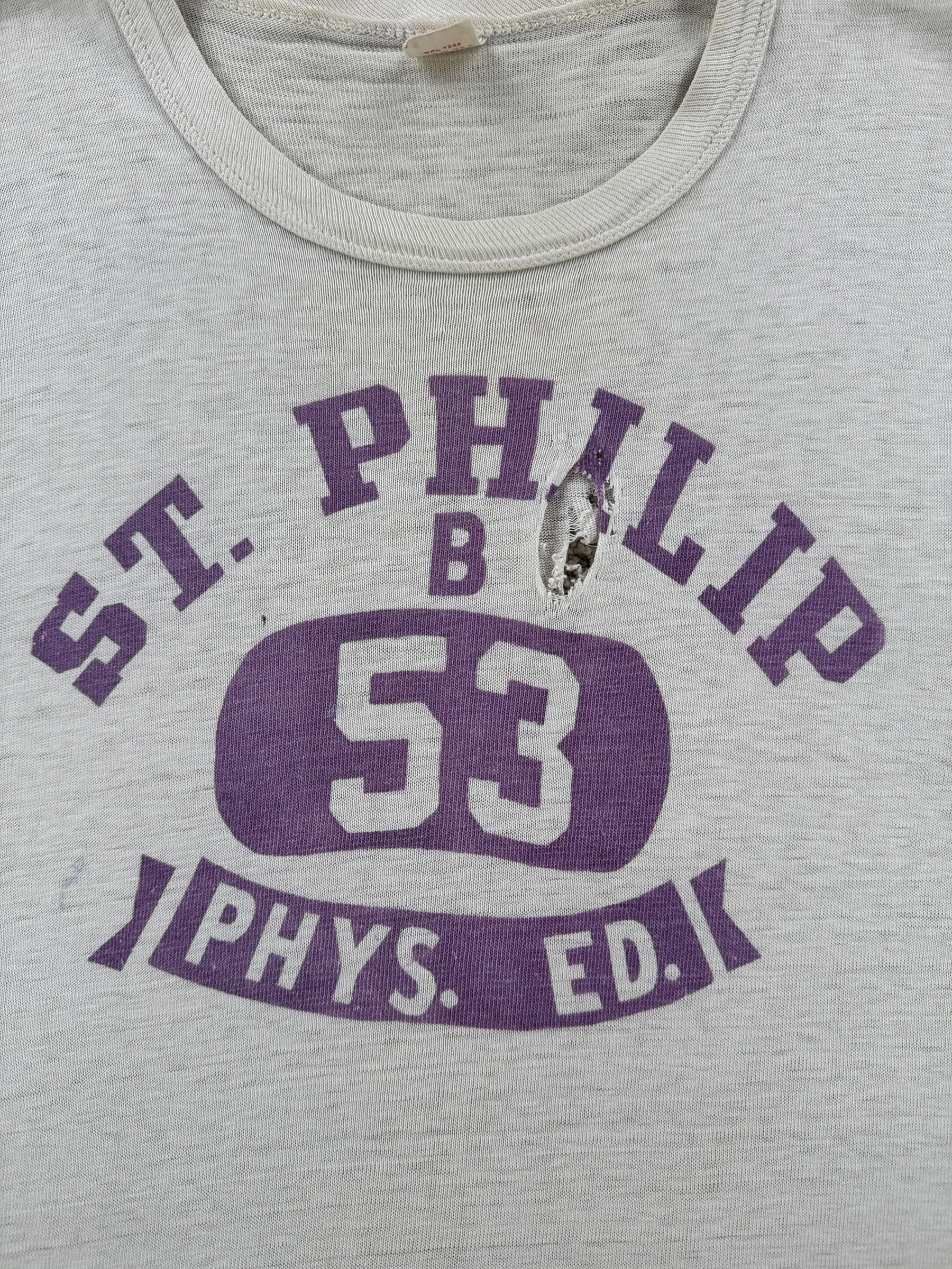 Graphic of Vintage 60s Era Russell Southern St Phillip Phys Ed Tee SZ S