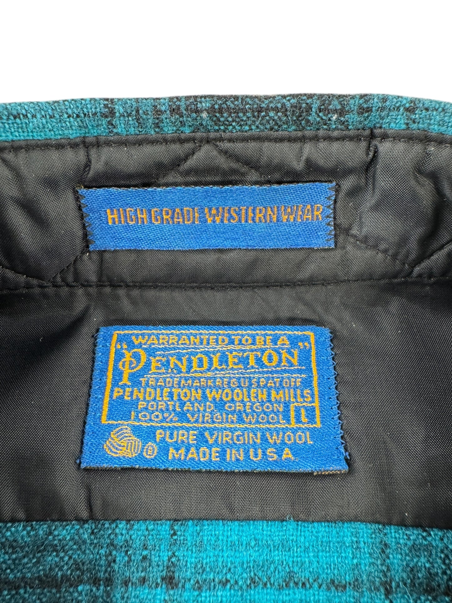 Label on Vintage Pendleton Turquoise Shadow plaid Pearlsnap Flannel SZ L