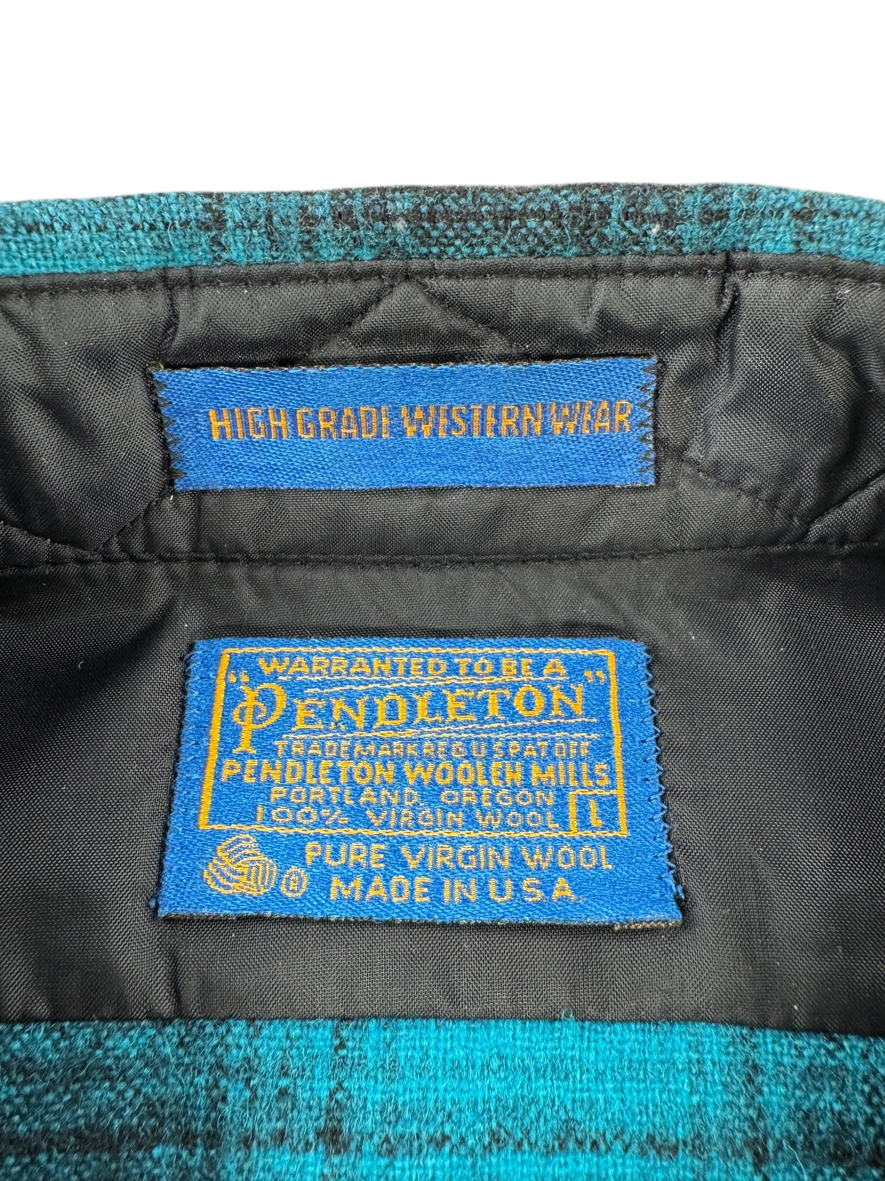 Label on Vintage Pendleton Turquoise Shadow plaid Pearlsnap Flannel SZ L