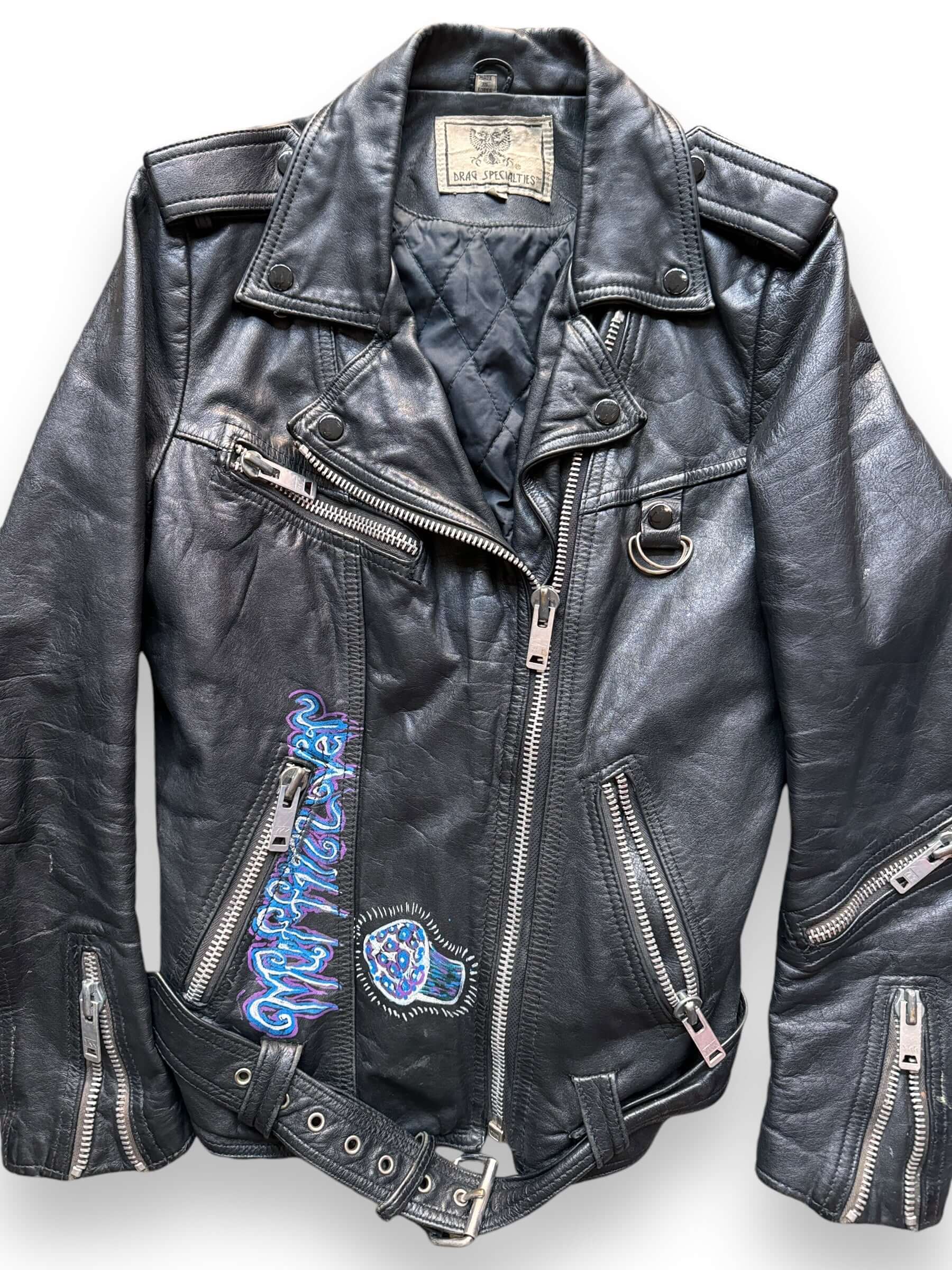 Front Detail on Vintage Handpainted Fugazi Leather Jacket SZ S