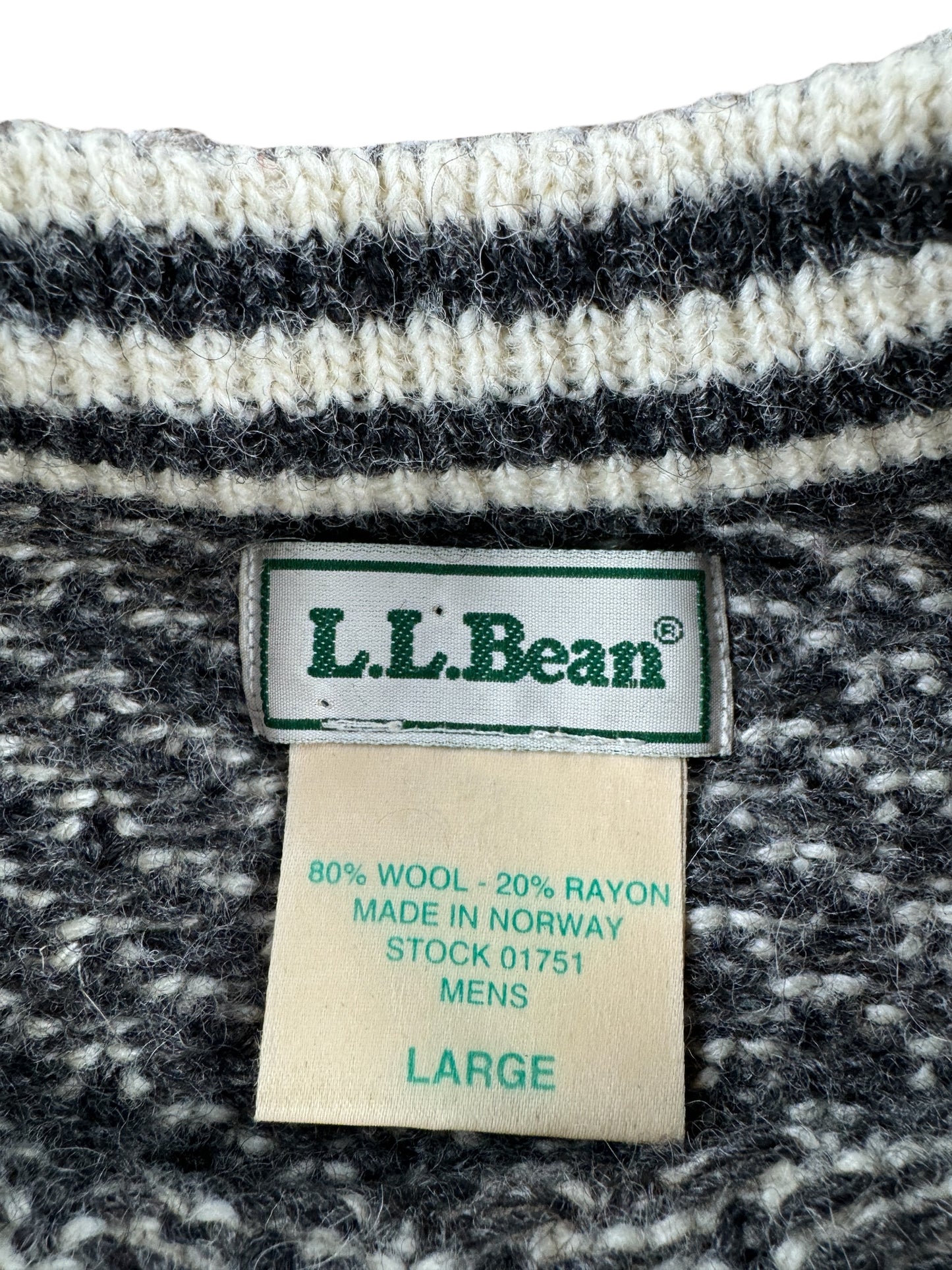Tag on Vintage LL Bean Green Striped Ragg Wool Blend Sweater SZ L
