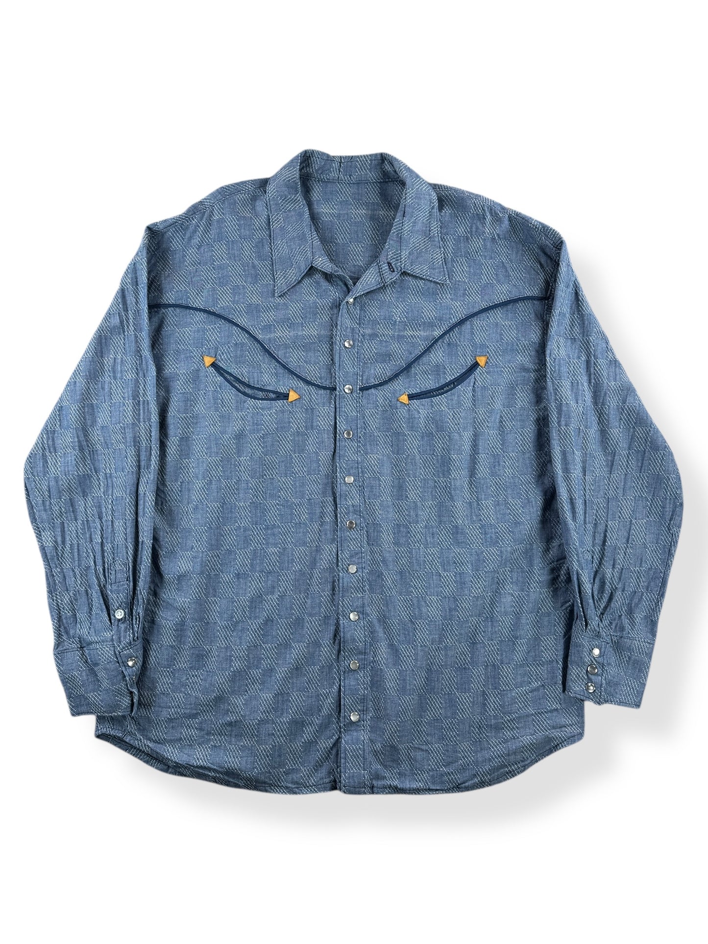 Front of Vintage Homemade Smile Pocket Western Pearl Snap Shirt SZ XL