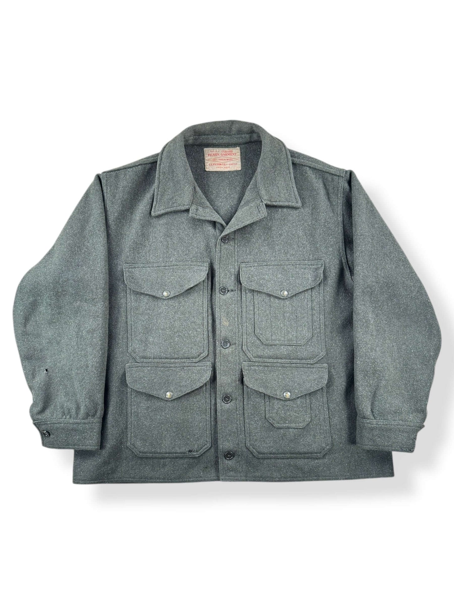 Front of Vintage Union Made Filson Mackinaw Green Cruiser SZ 48