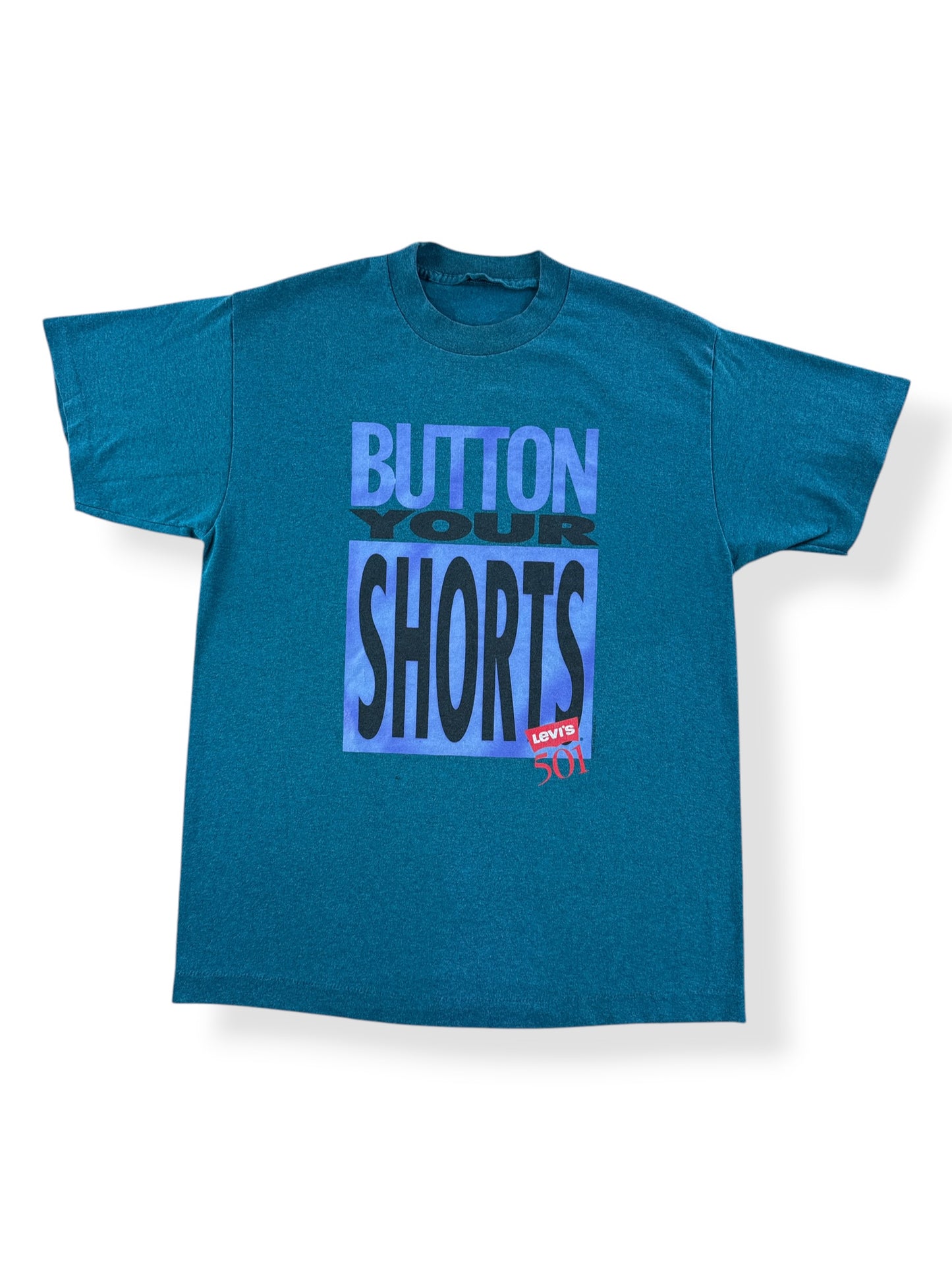 Front of Vintage Levi's 501 Button Your Shorts Tee SZ L