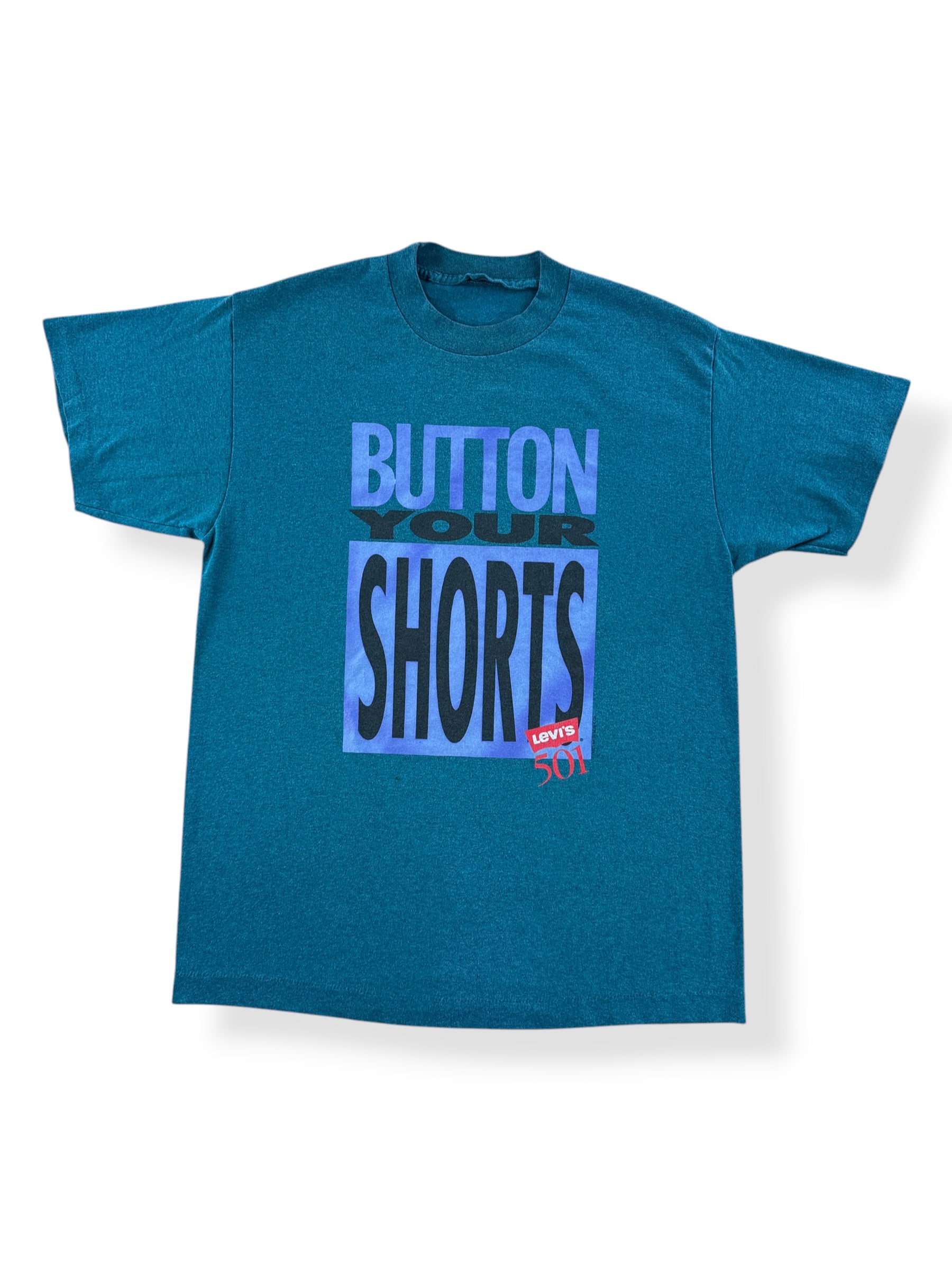 Front of Vintage Levi's 501 Button Your Shorts Tee SZ L