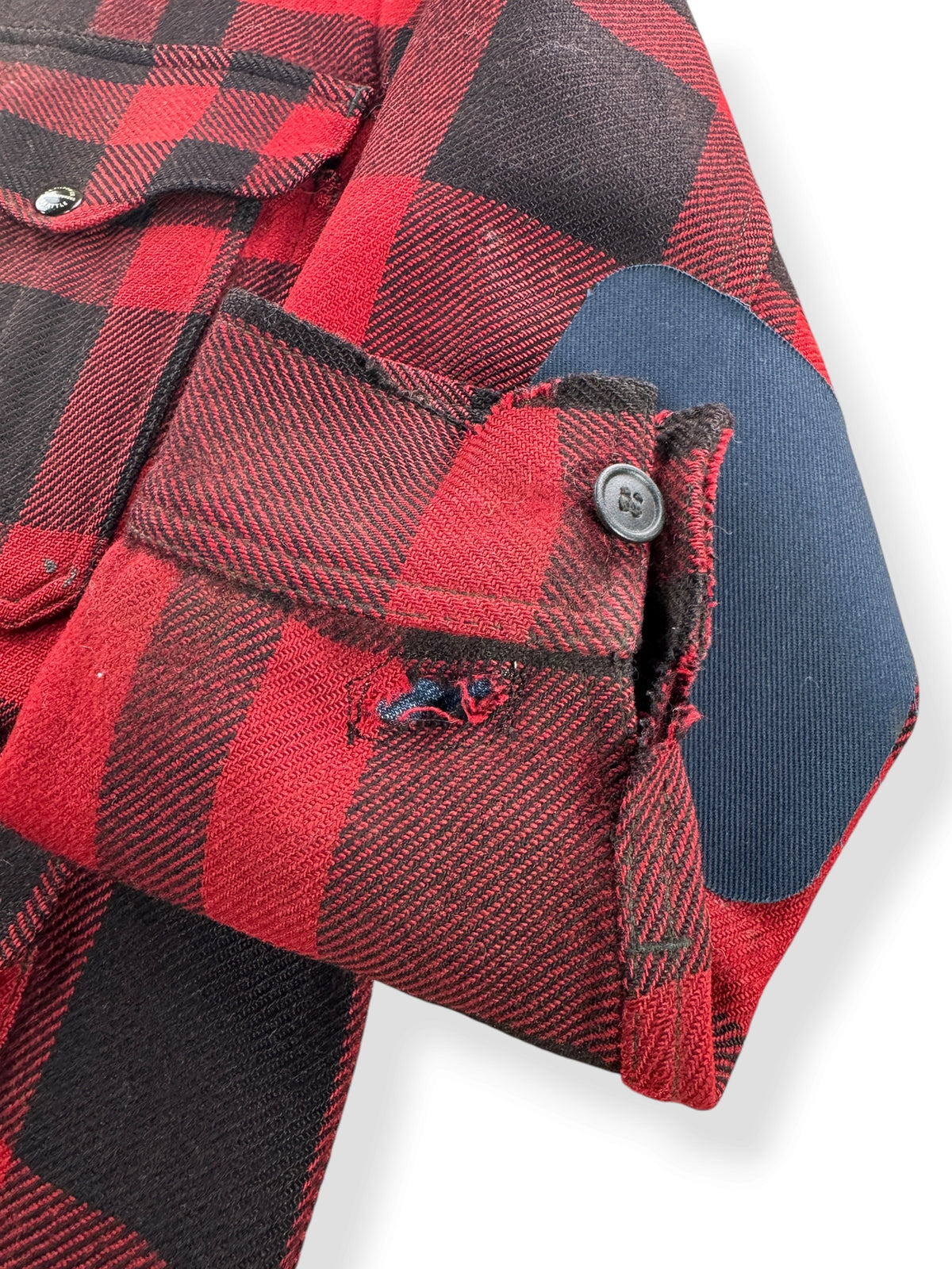 Hole on cuff of Vintage 40s Era Filson Wool Mackinaw Cruiser Jacket SZ L