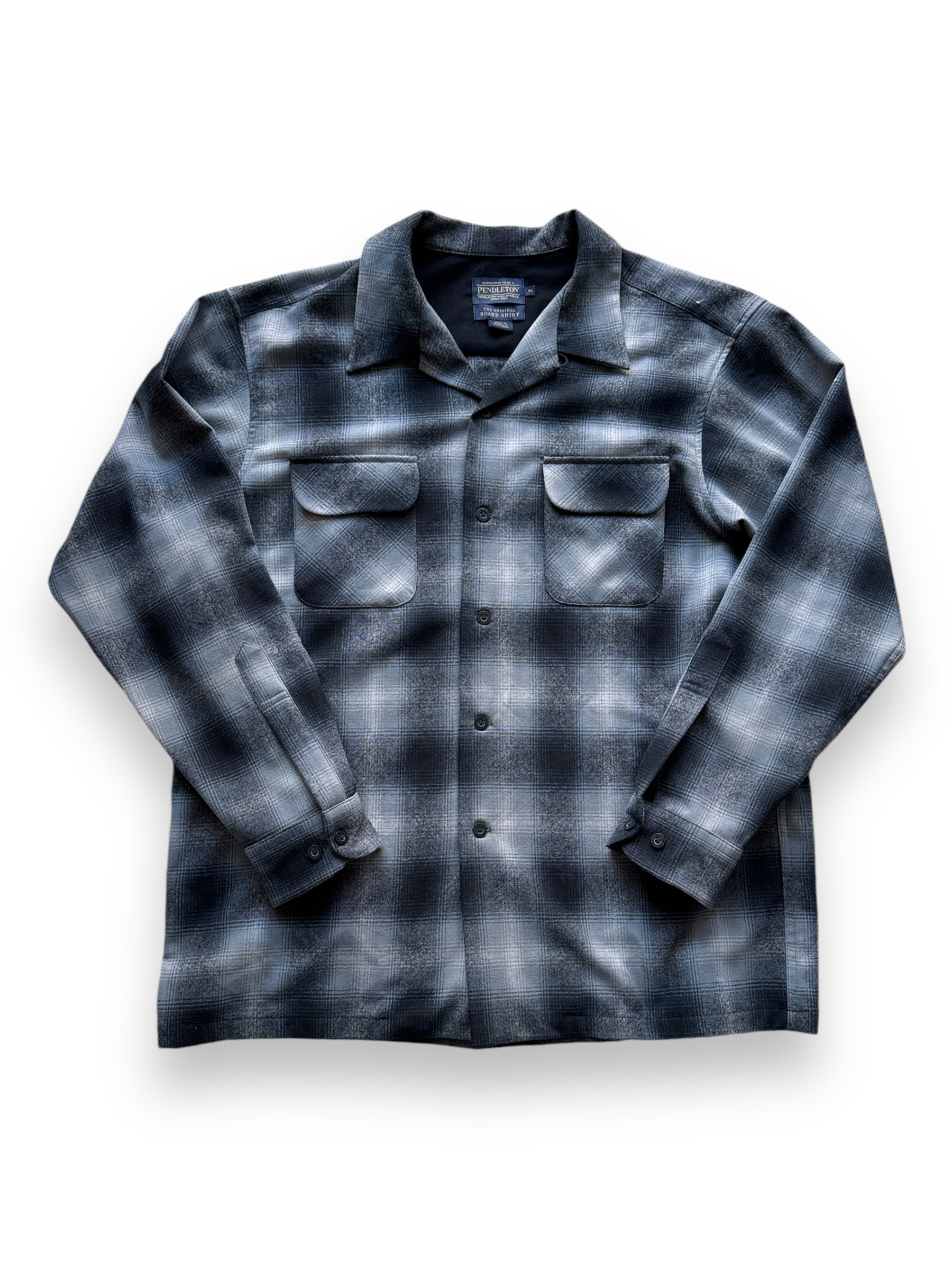 front of Modern Pendleton Grey/Black Shadowplaid Board Shirt SZ XL